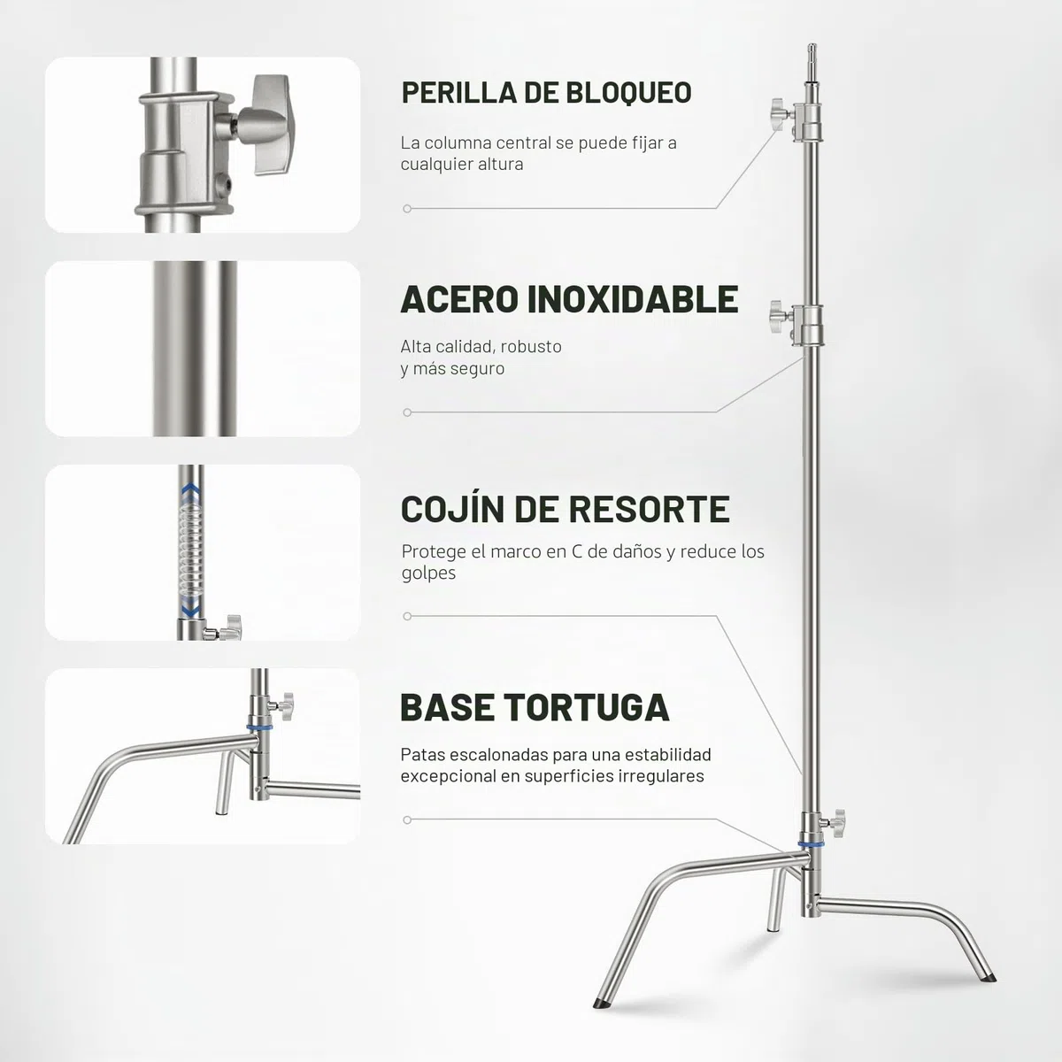 NEEWER Soporte C de Acero Inoxidable de 3,2m con Brazo de Pértigaa, Varilla Central más Gruesa, Carga Máxima 20kg, Fotografía Luz Soporte con Brazo de 1,27m para Monolight Softbox, SC320Q