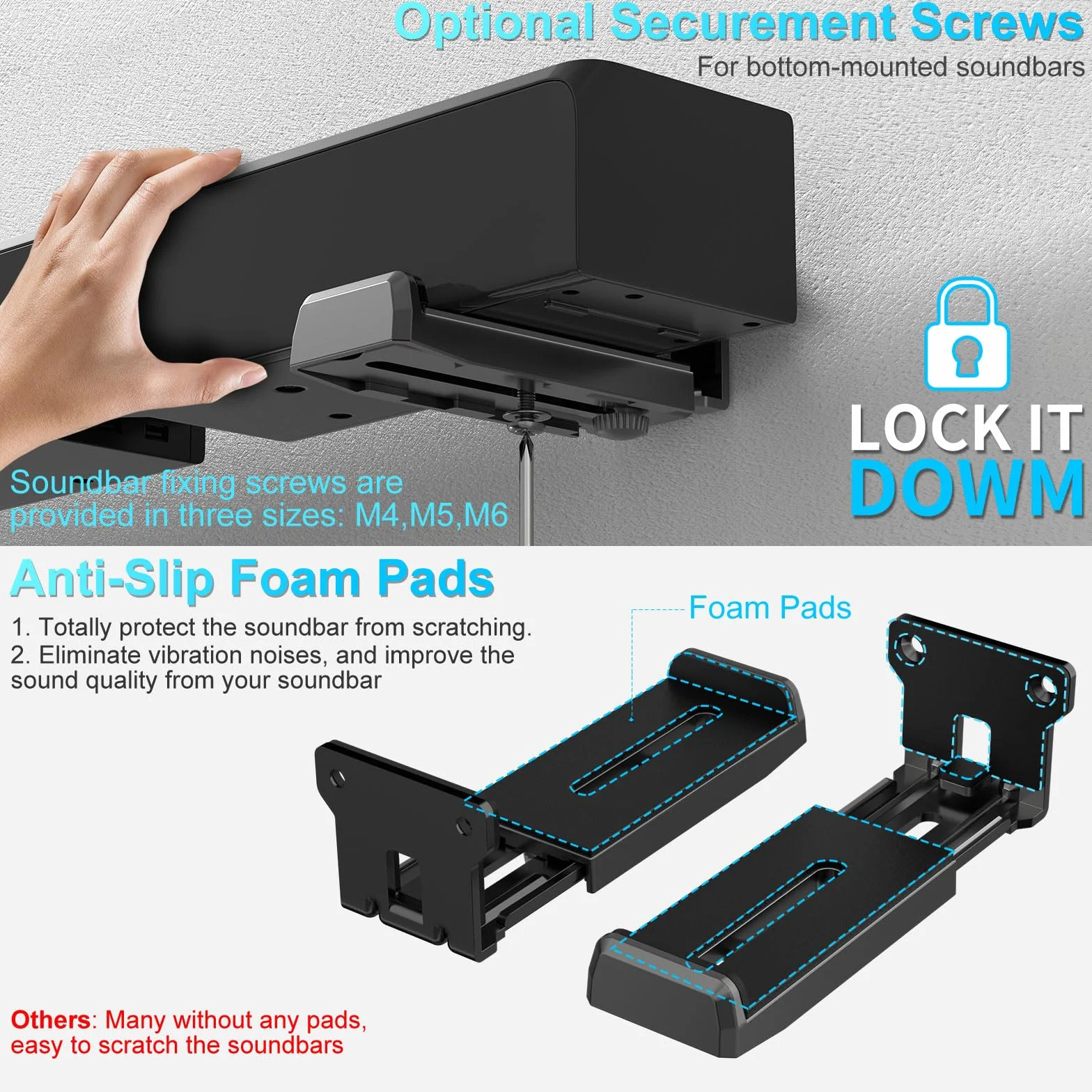 ZUOLACO Soporte de pared para barra de sonido Samsung, Bose, Vizio, LG, Sony, JBL, Sonos y otros soportes de barra de sonido bajo TV, puede soportar hasta 15 kg, profundidad ajustable de 9,1 a 16,3 cm