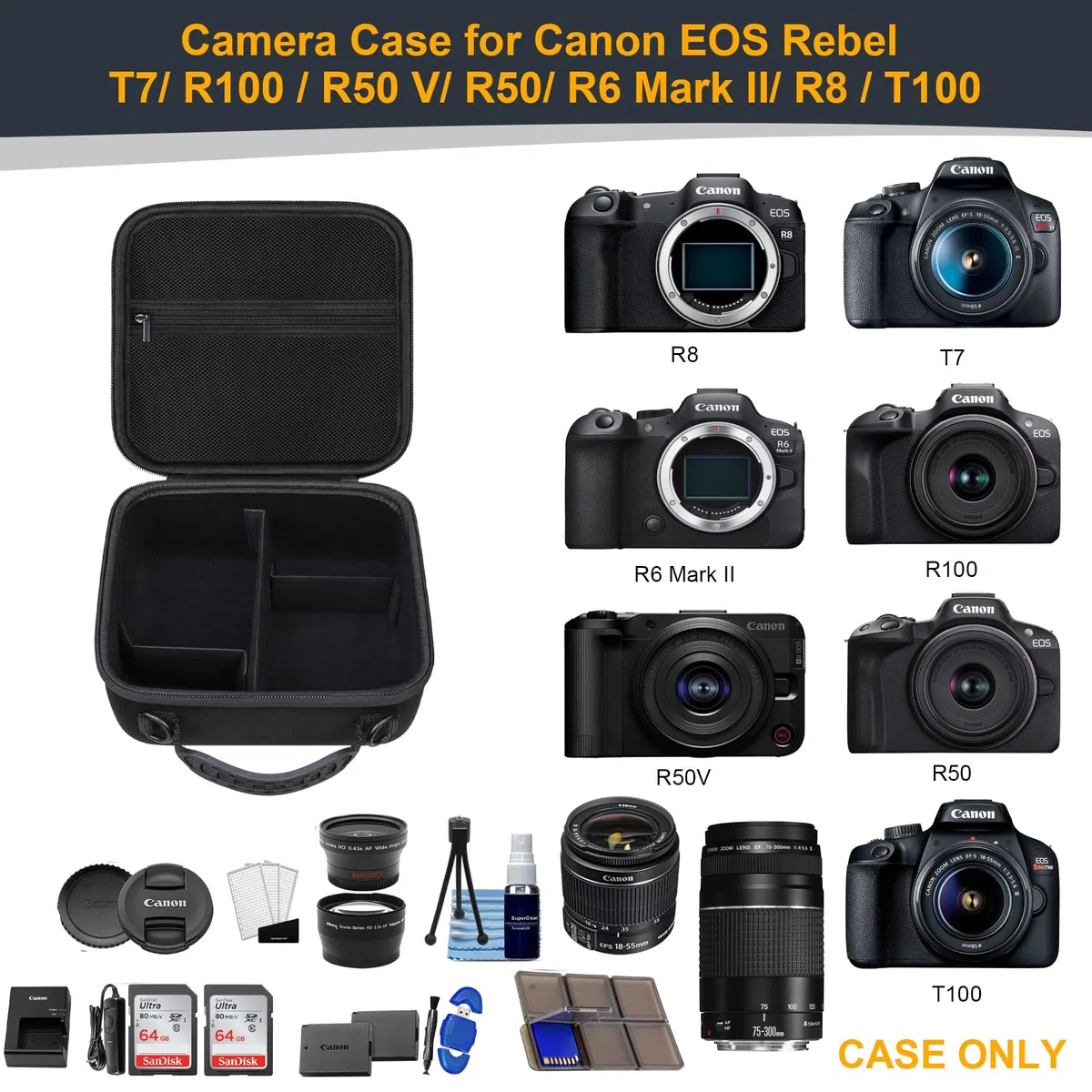 RAIALL Funda para cámara Canon EOS 2000D/4000D DSLR/R50/R50V/R100/250D/R10/R6 Mark II/R8/R5/ Nikon D7500/ para cámara DSLR Sony, Funda rígida de Transporte, Bolsa Protectora de Viaje, Negro.