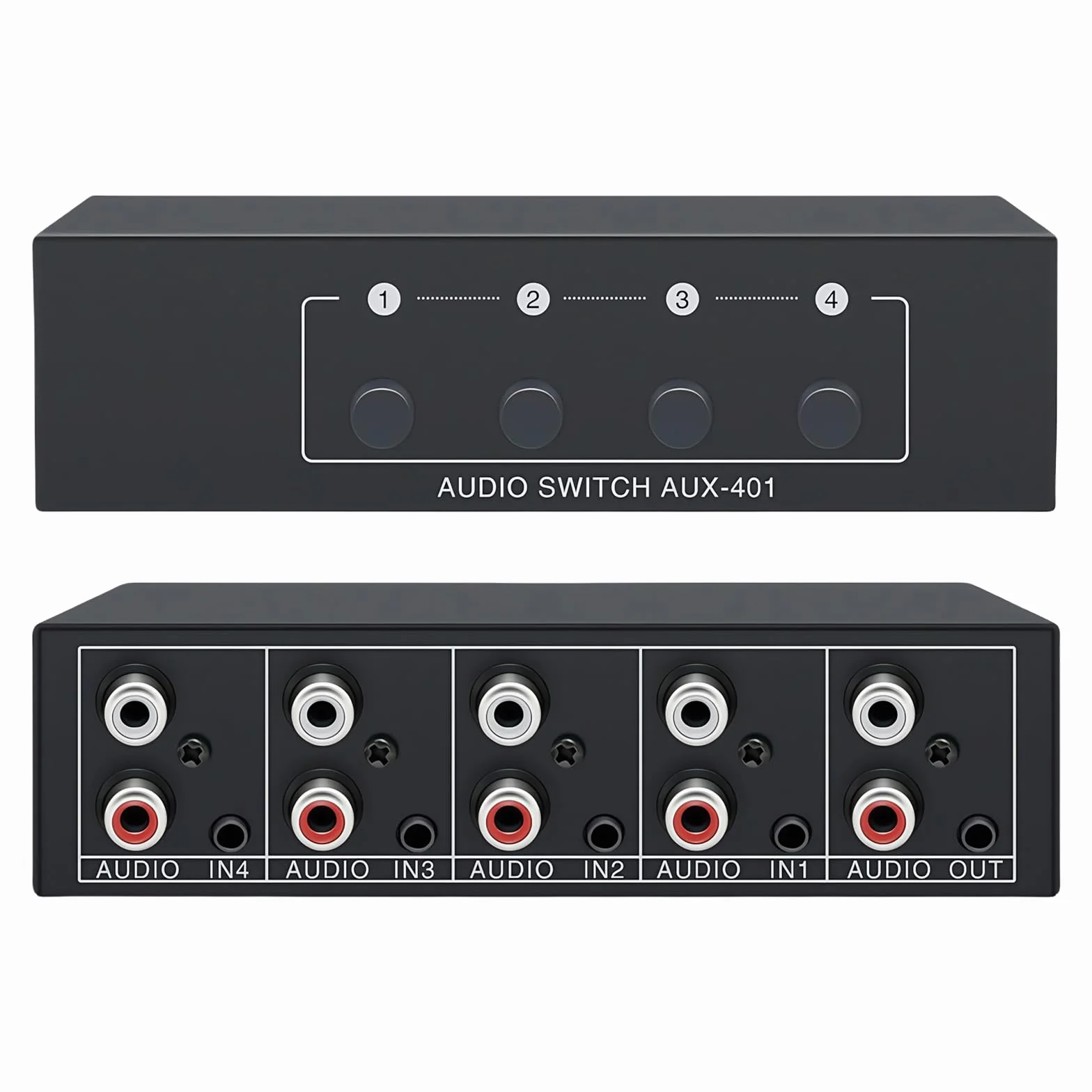 Interruptor de audio, interruptor de audio AUX, RCA L/R Audio Switch 4 (1)-In-1(4)-Out, interruptor de audio RCA, 3,5 mm divisor de audio para auriculares, fono, altavoces