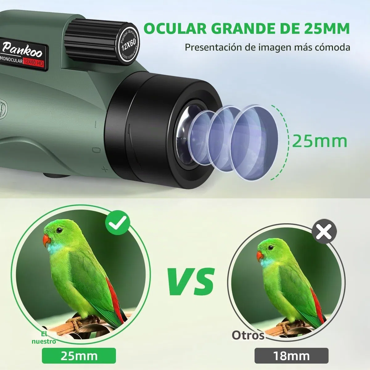 Pankoo Telescopio monocular HD 12 x 60 para adultos | Se entrega con adaptador para smartphone, trípode y correa de muñeca | Ideal para observación de aves, deportes, senderismo, viajes