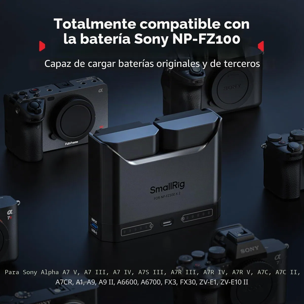 SMALLRIG Cargador Dual NP-FZ100 para Sony, Carga Rápida 2h con USB-C 22.5W, Compatible con Sony Alpha A7III/A7IV/A6700/FX3/FX30/A9/A7C/A7CII/A7RIII/ZV-E1-5489