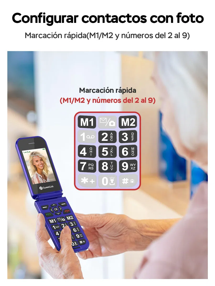 SweetLink F4 Plus 4G - Teléfono Móvil para Personas Mayores con Tapa, Teclas Grandes y Pantalla de 2,8”, Batería 1400mAh, Botón SOS, Contacto con Foto, Base de Carga USB-C, Doble Nano SIM, Azul