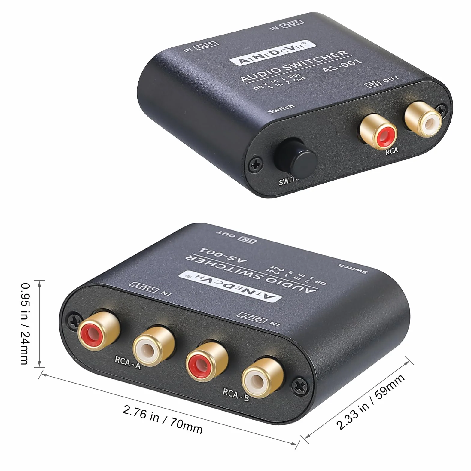 1 entrada 2 salidas / 2 entradas 1 salida Conmutador de audio bidireccional compatible con puerto RCA, estéreo de 2 vías L/R Canal de sonido Altavoz Auriculares Selector de interruptor de