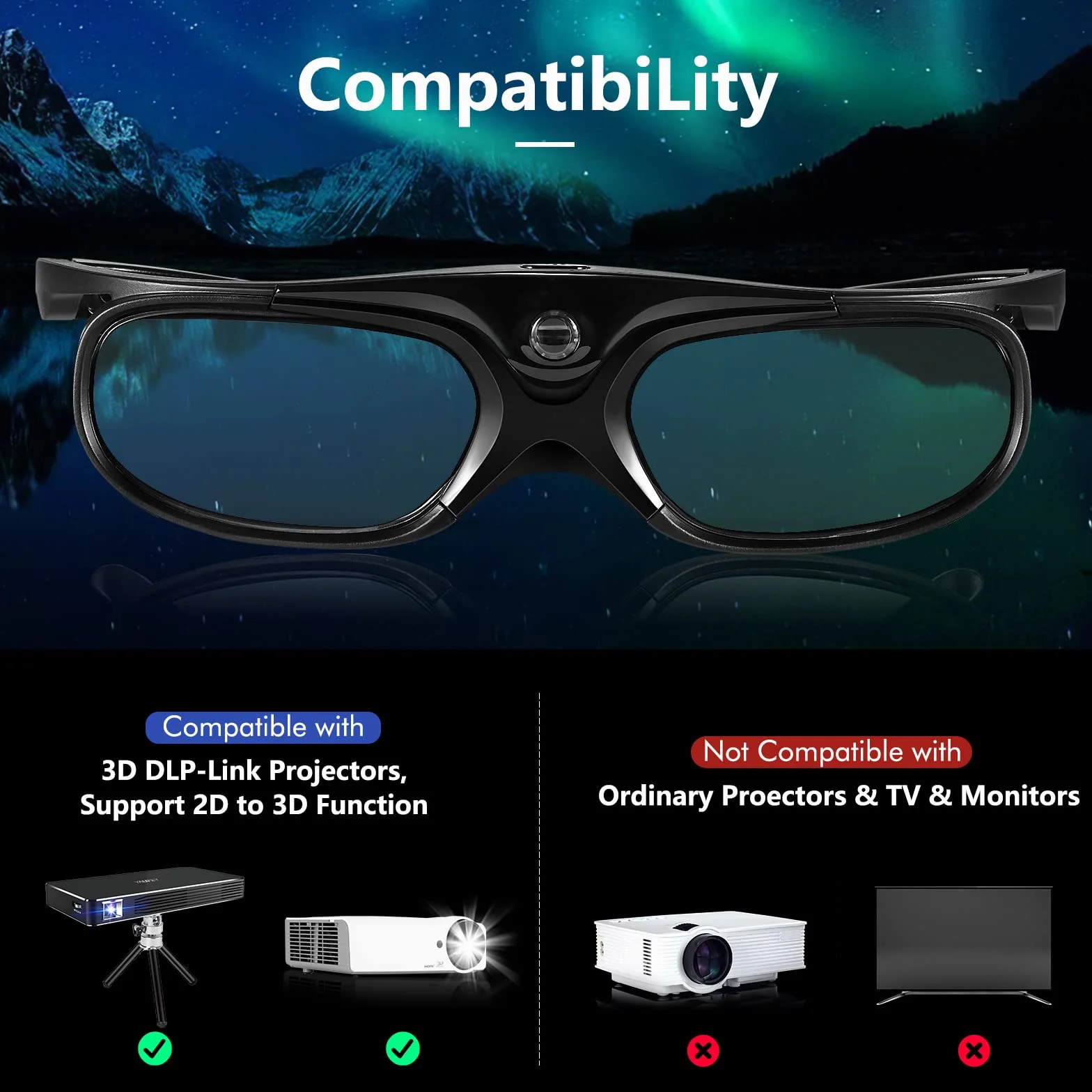 Gafas 3D, Gafas 3D DLP, Gafas 3D con Obturador Activo Recargables para Todos Los Proyectores 3DDLP-Link, Compatible con Benq, Optoma, DELL, Acer, Viewsonic Dlp Projector