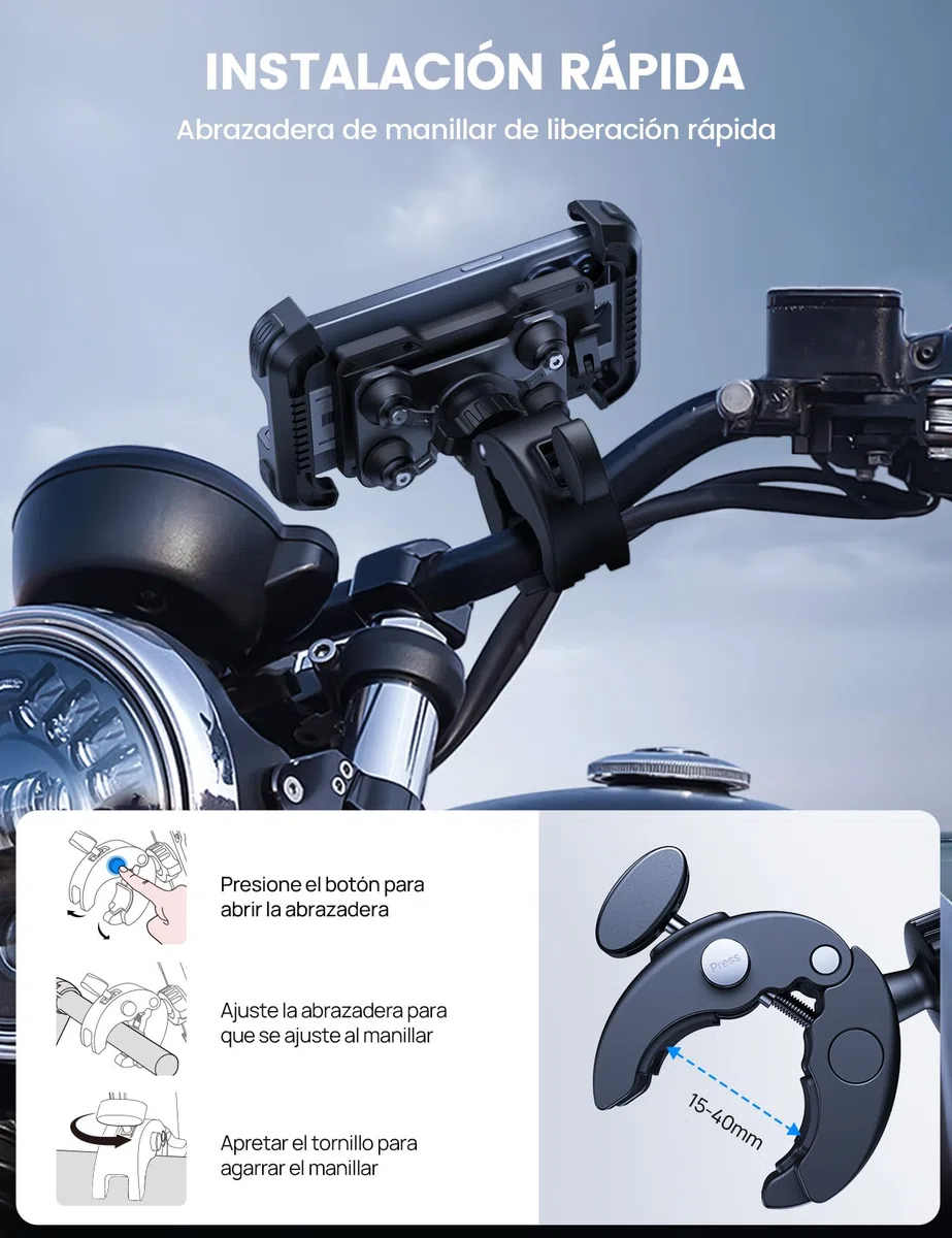 Lamicall Soporte Móvil Moto Antivibración - [con Doble Amortiguador] 360°Rotación, 1S Liberación con un Botón, Soporte Teléfono Bicicleta para iPhone 17 16 15 14 13 Series, Huawei, 4,7-6,8” Smartphone