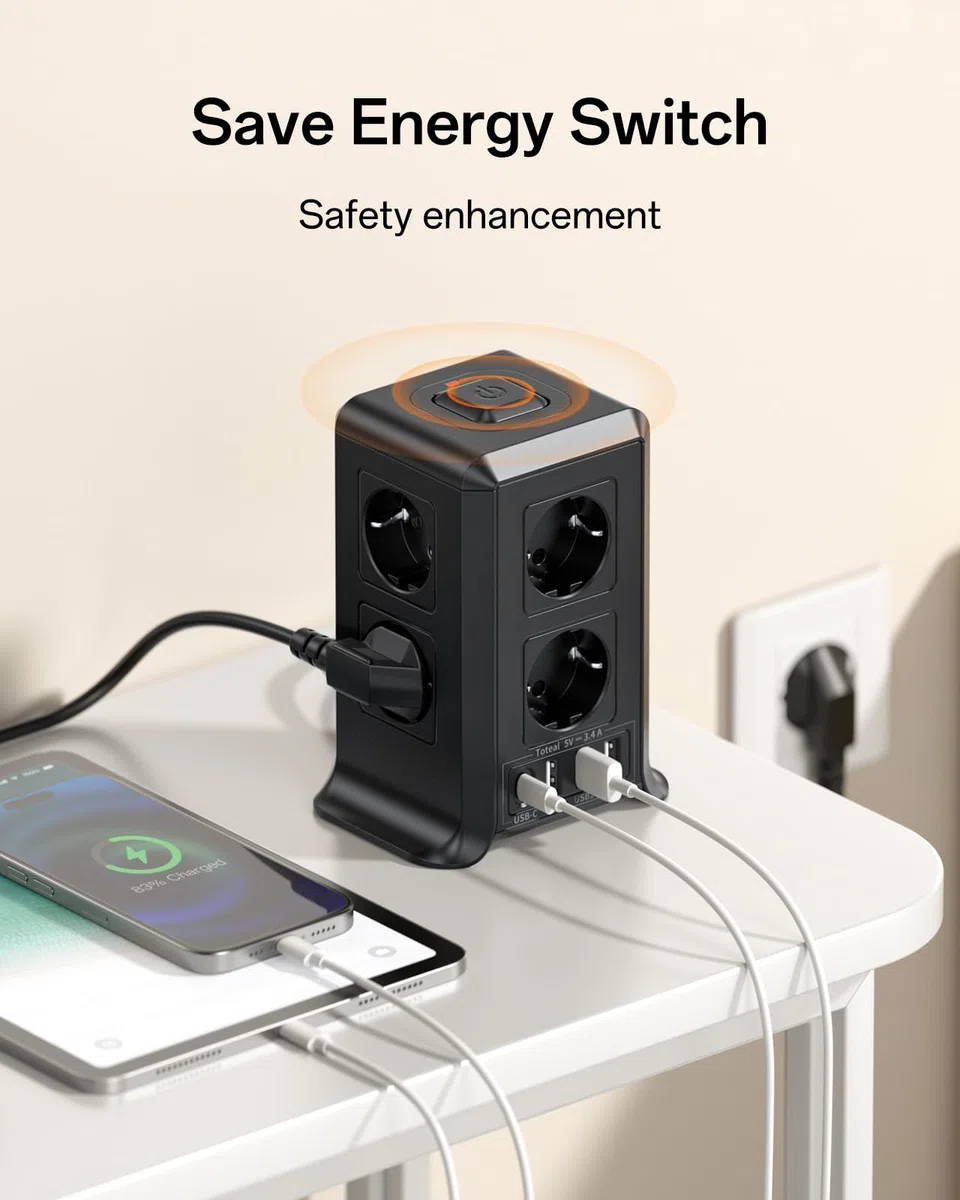 3M Torre Regletas Enchufes, Regleta Enchufes Proteccion Sobretension con Interruptor, con 8 Tomas de AC y 4 USB Regleta Vertical, Enchufe Multiple es Adecuado para Escritorios, Salones y Dormitorios