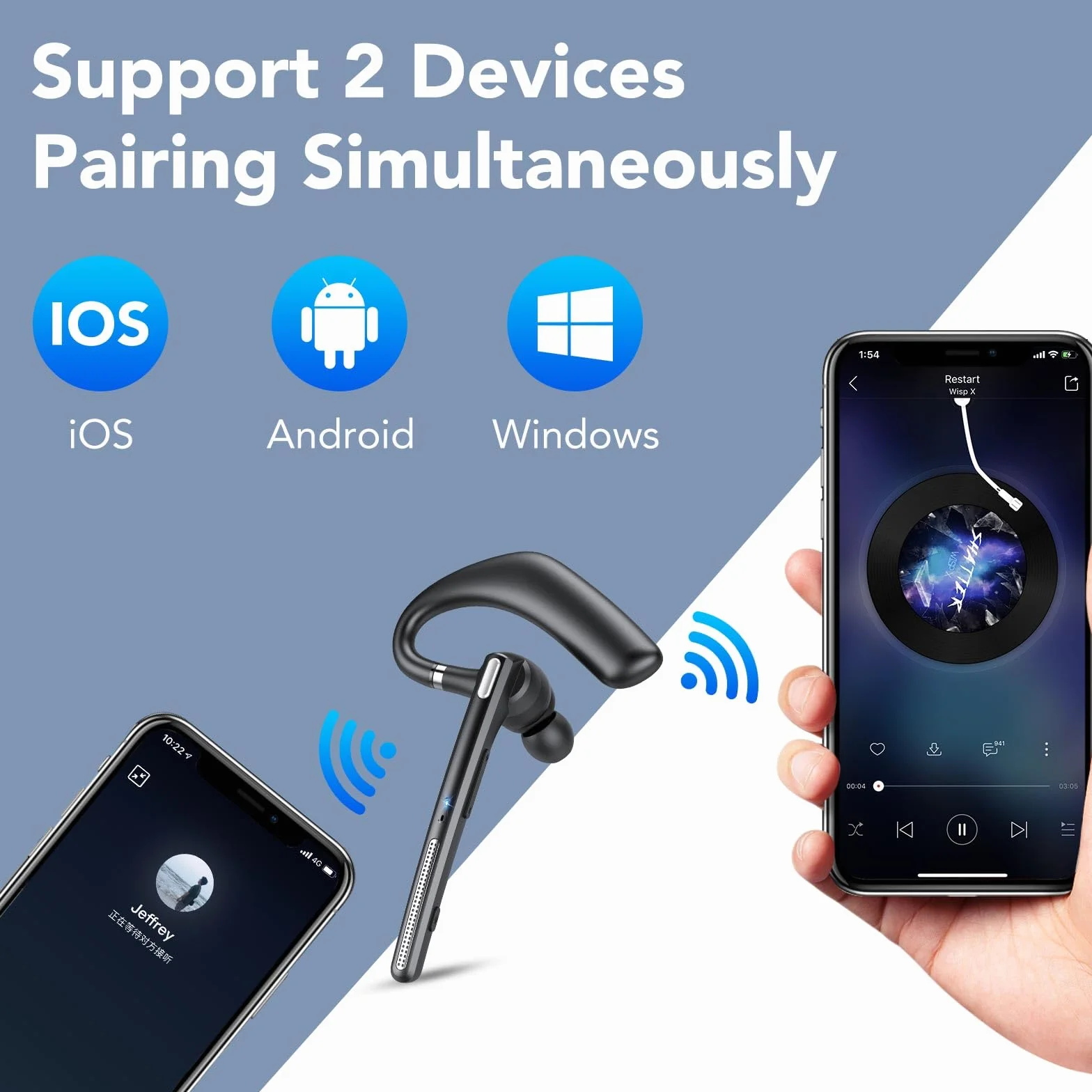 CASCHO Manos Libres Auricular Bluetooth V5.3 con Doble Micrófono Cancelación, 70hrs Talk Auriculares Inalambricos Bluetooth con Pantalla LED, IPX7, para Conducir/Neg