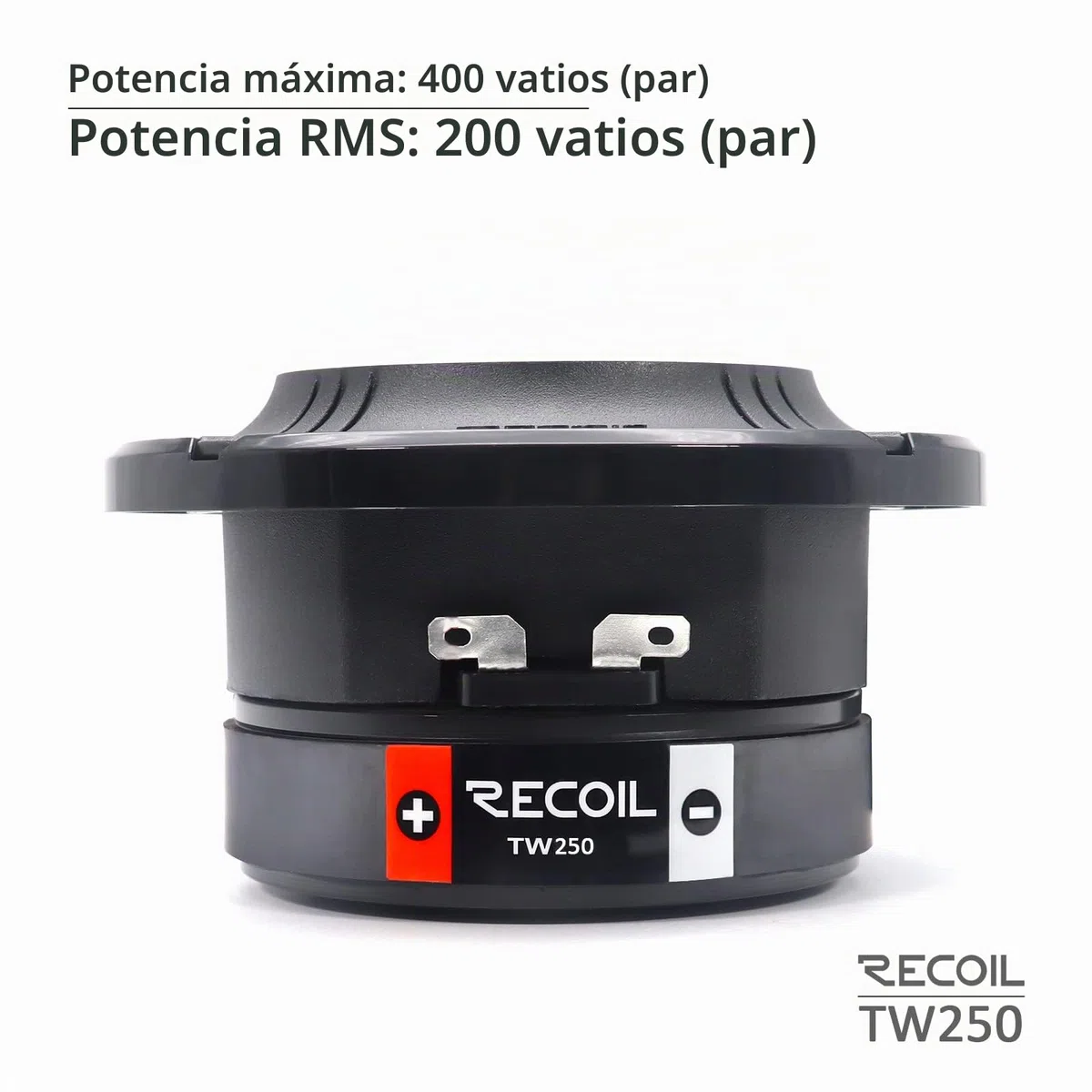 RECOIL TW250 Super tweeters Tipo Bala 3.5" (96mm) para Auto, Alta Compresión, Bobina de Voz Kapton, Aluminio, 400W Máx / 200W RMS