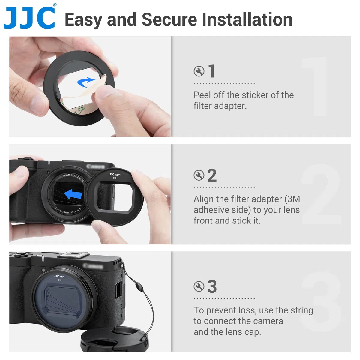 JJC Kit de lentes de 3 piezas compatible con cámara digital Canon PowerShot V1, incluye anillo adaptador de filtro de aleación de aluminio de 58 mm, tapa de lente con cuerda