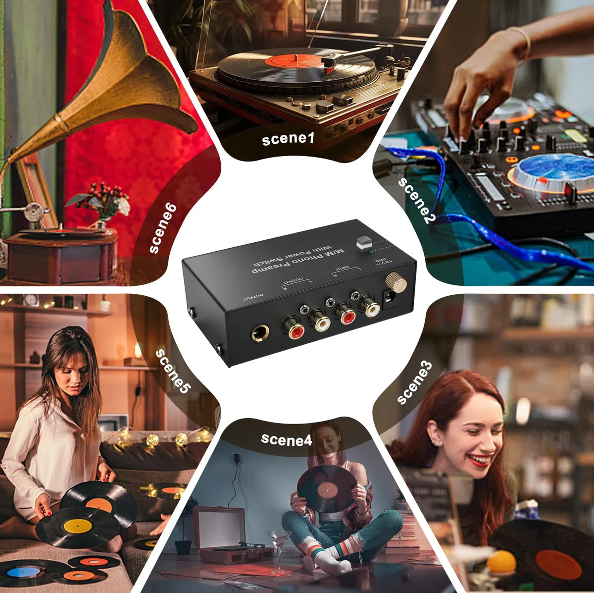 Preamplificador Phono para Tocadiscos MM – Previo Phono con Entrada y Salida RCA, Amplificador Estéreo con Control de Nivel, Interruptor Frontal, Negro