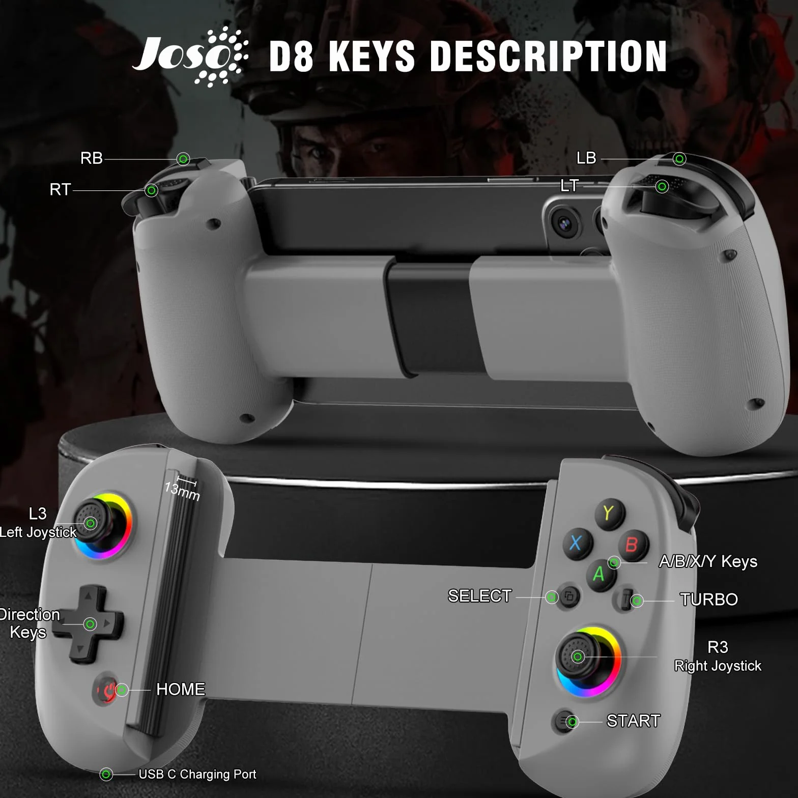 Joso Controlador de teléfono iPhone/iPad/Android/Tablet, Controlador D8 para Switch/PS/PC con joysticks de Efectos Hall Play COD, Genshin Impact, Controlador Android Compatible con Juegos en la