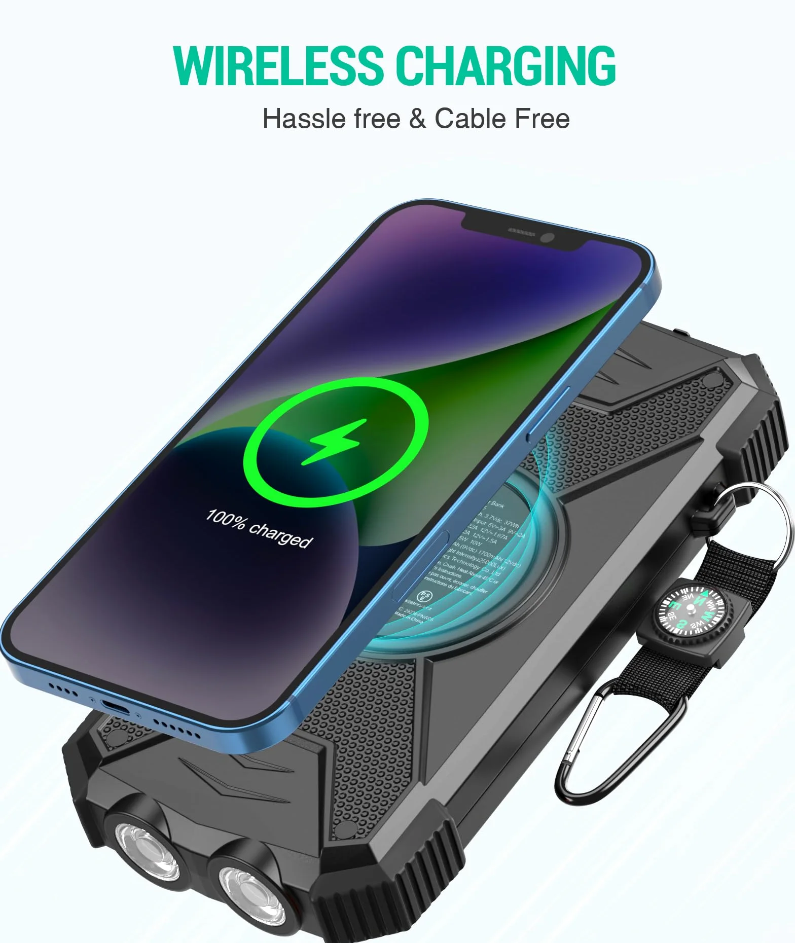 Solar Power Bank Cargador Solar 10000mAh, Banco de energía USB C portátil con Panel Solar Qi Carga rápida inalámbrica Batería de Camping Cargadores solares para teléfono móvil