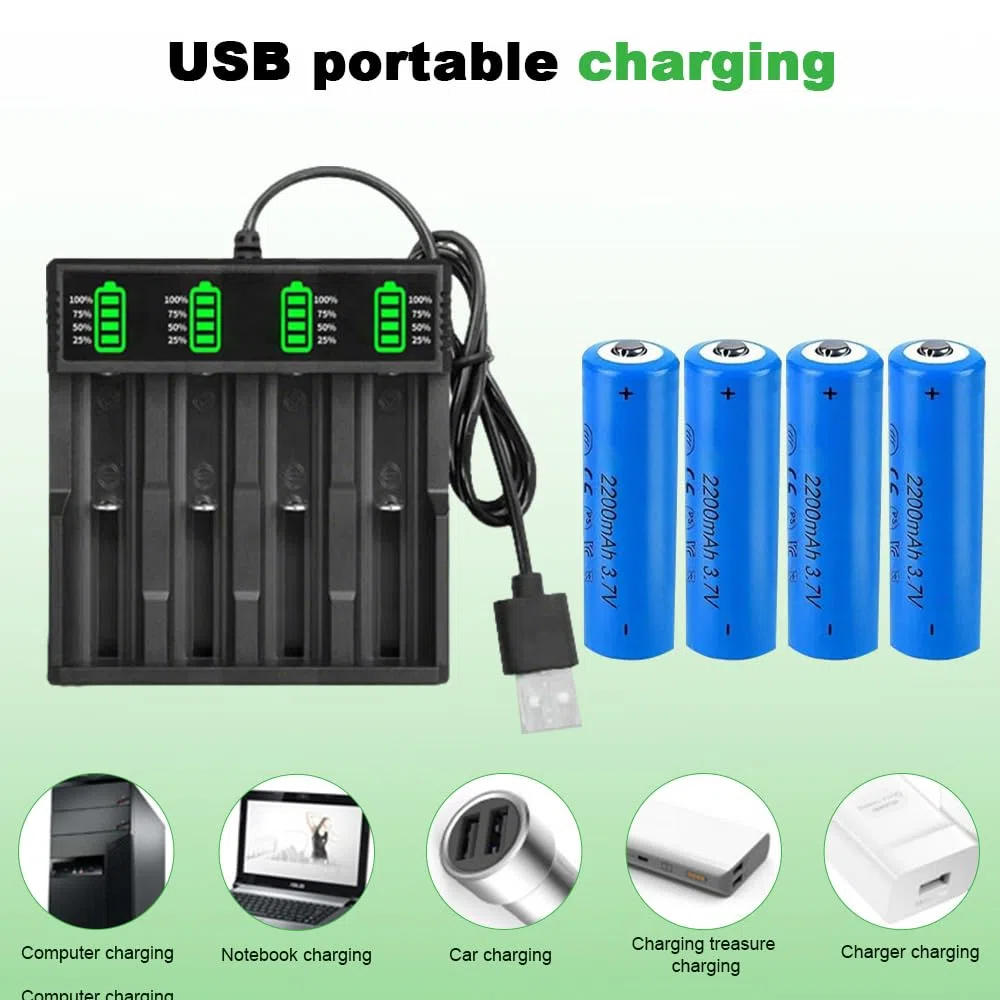 4PCS Pilas Recargables 3.7V, 2200mAh | Button Top Li-Ion Recargable Batería Adecuado con Cargador de 4 Ranuras, para Linterna Frontal, Dispositivos Electrónico
