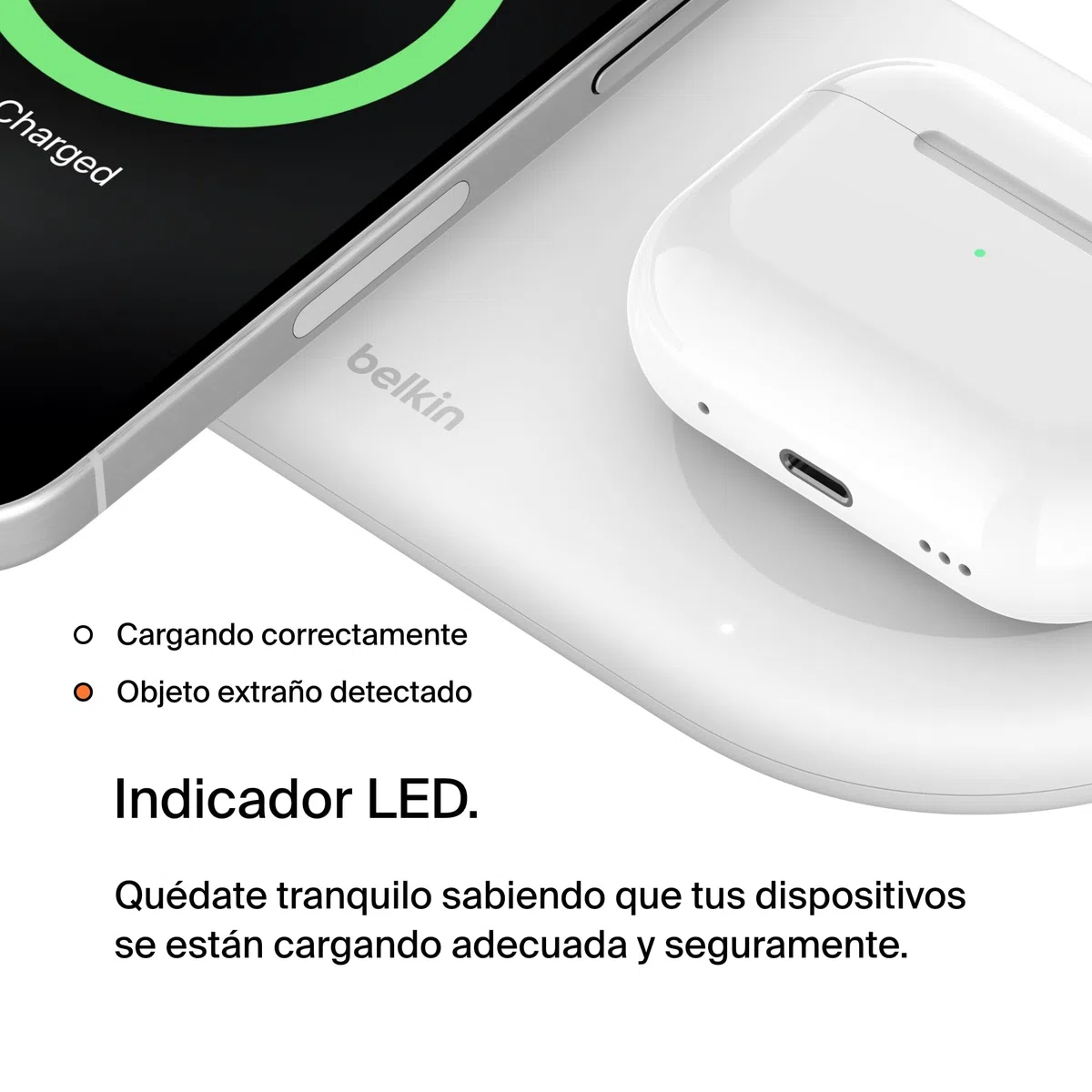 Belkin BoostCharge Pro Cargador Inalámbrico 2 en 1 con tecnología Magnética Qi2, 15W, Estacion de Carga Rápida Inalámbrica Compatible con Magsafe para iPhone 17, Air, Pixelsnap, AirPods - Blanco