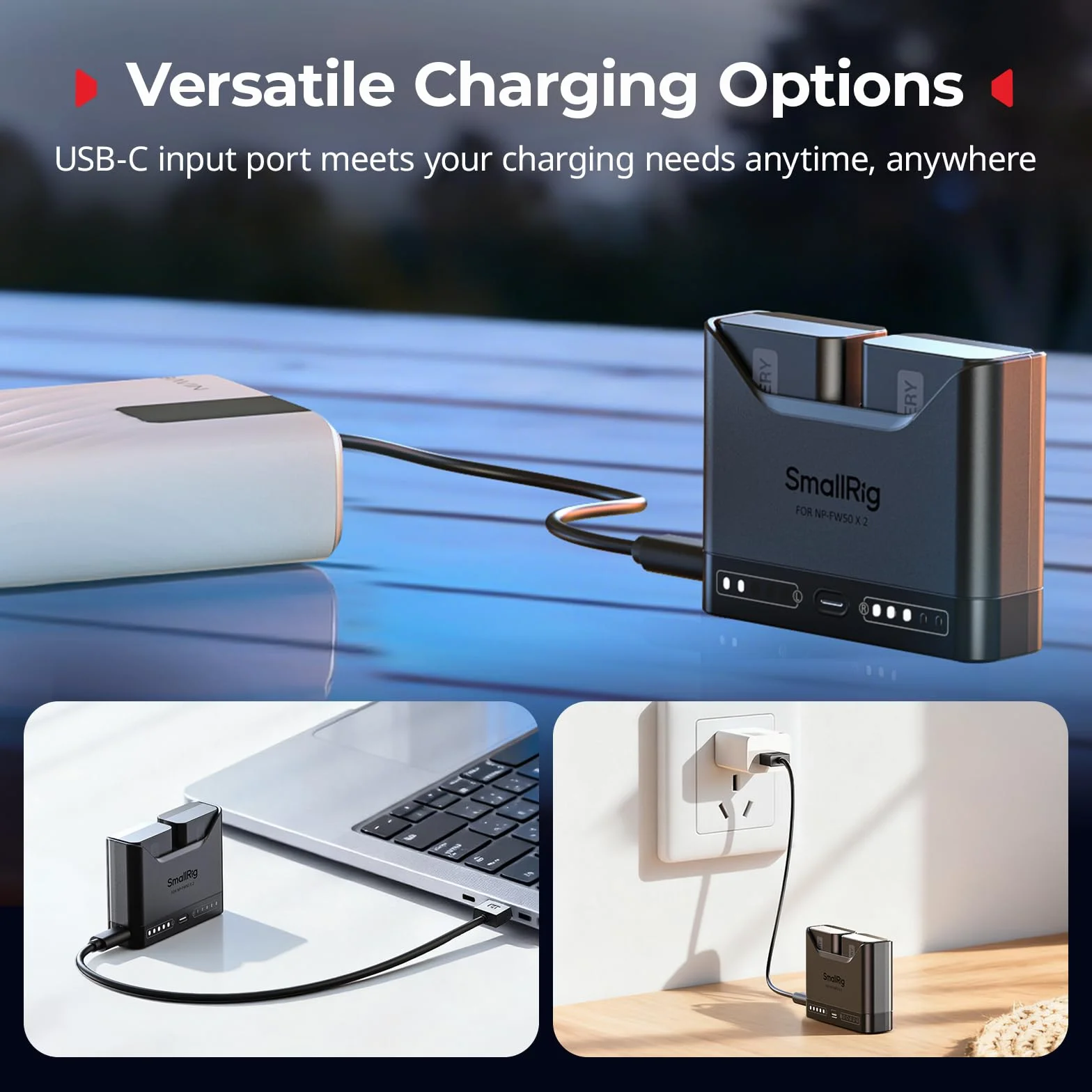 SMALLRIG NP-FW50 Battery Charger for Sony, 2h Dual Slot Camera Charger with 11W USB-C Port, Full Compatible with Sony A6000 A6100 A6300 A6400 ZV-E10 A7 A7S A7R A7SII A7RII A5000 A5100 ILCE-QX1