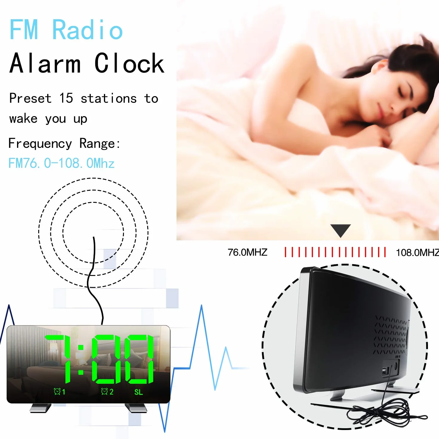 Radio despertador para mesita de noche, despertador digital, pantalla grande, repetición, doble ajuste de alarma, regulador de volumen ajustable, incluye adaptador