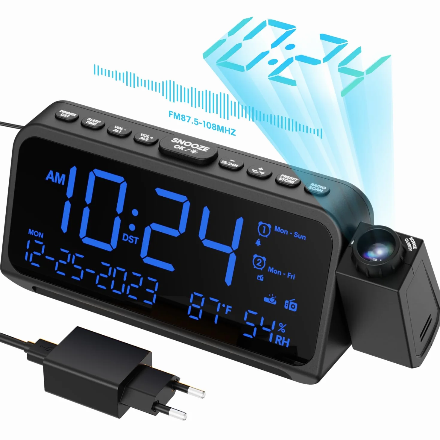 ROCAM Radio Despertador con Proyector, Reloj Despertador Digital con 5 Niveles, Modo día Laborable/Fin de Semana, 2 Alarmas, FM, Snooze, Temperatura, Humedad, Luz Nocturna, Cargador USB Type-C (Azul)