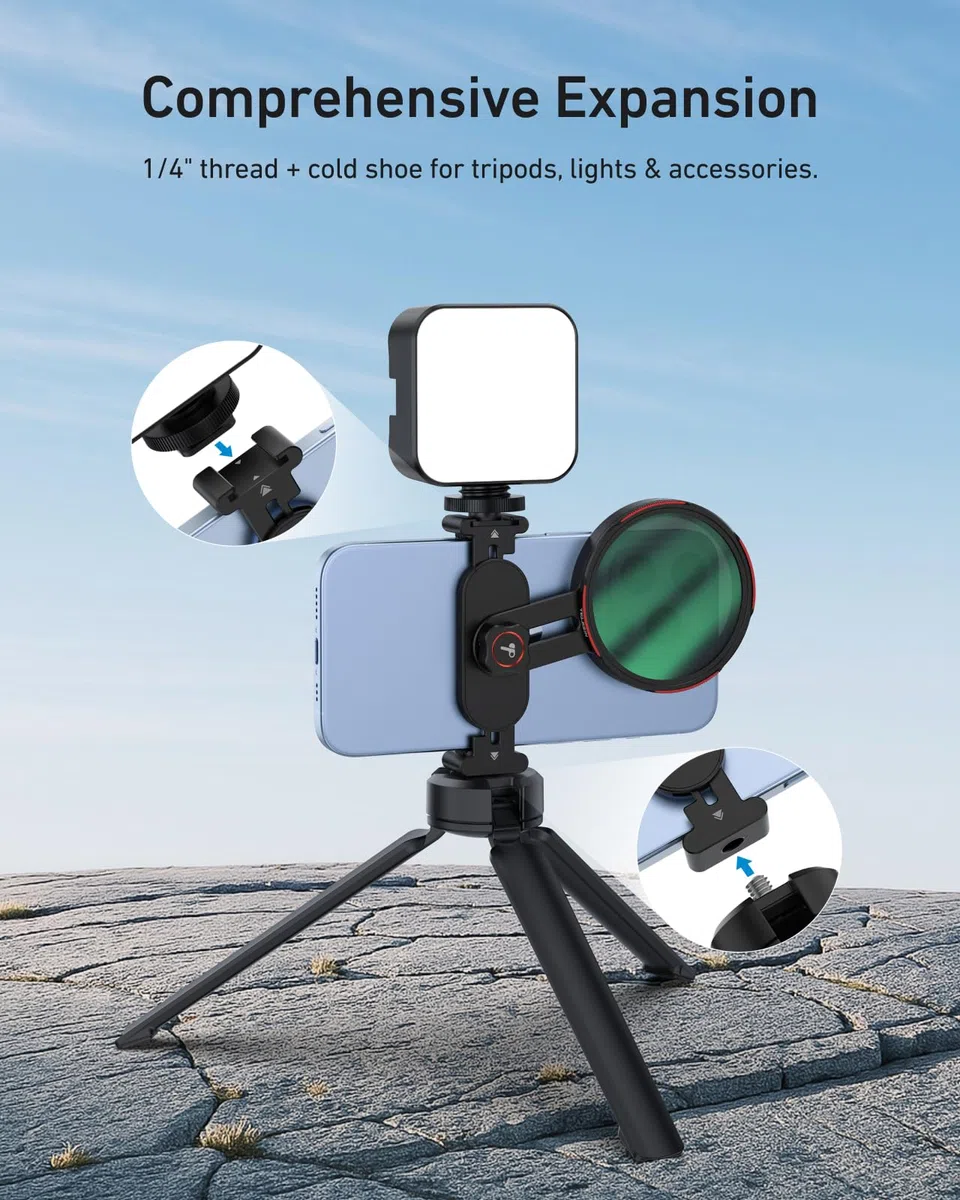 TELESIN 67mm Soporte Universal para Filtros de Teléfono, Clip-On portafiltros w Zapata fría y 1/4" Rosca para Clip de teléfono, Ligero para Viajes y Vlogging, para iPhone/Android, Pixel y más