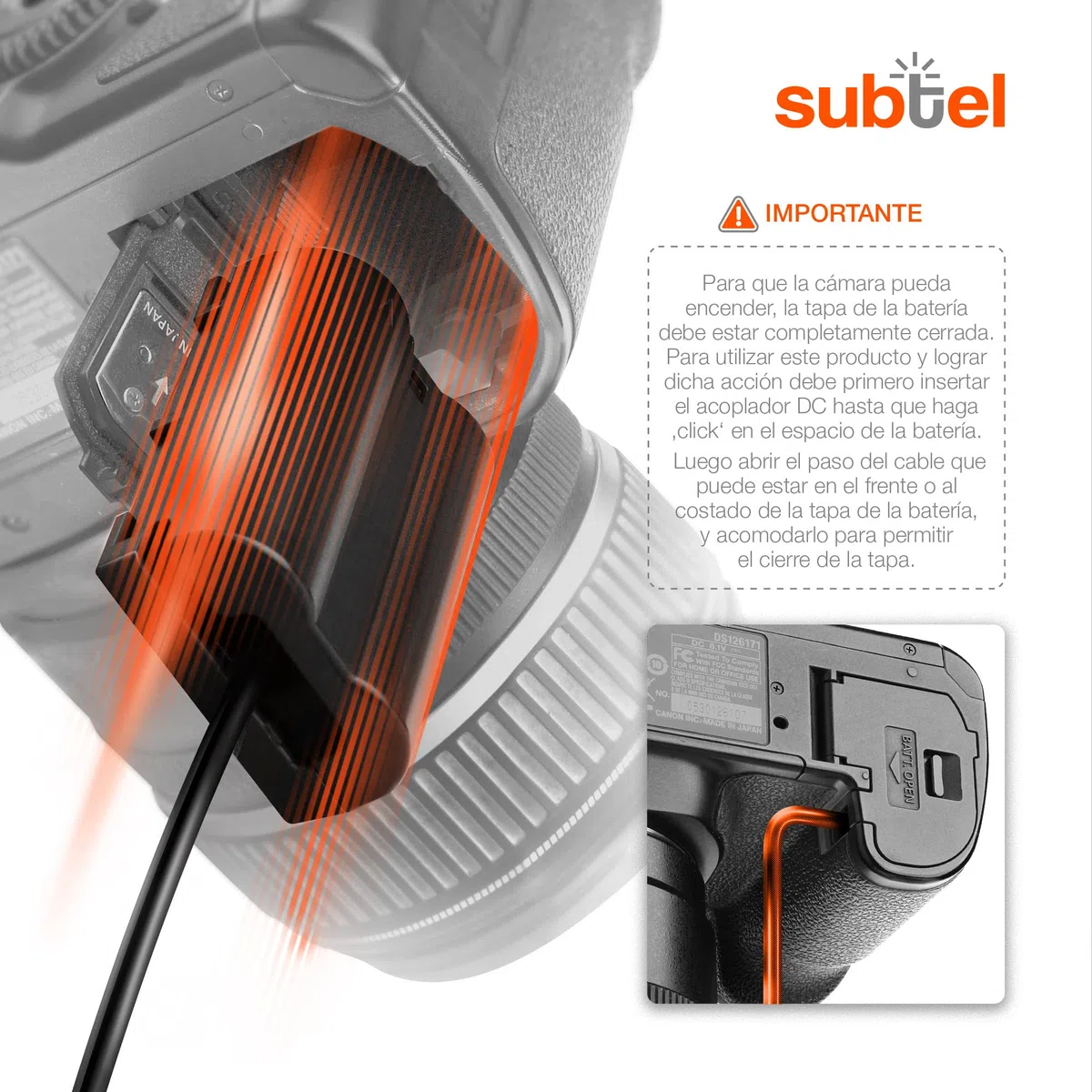 subtel Fuente de alimentación Compatible con ca. 3m ACK-E10 + Acoplador DC Alimentador DC Coupler, Dummy Battery