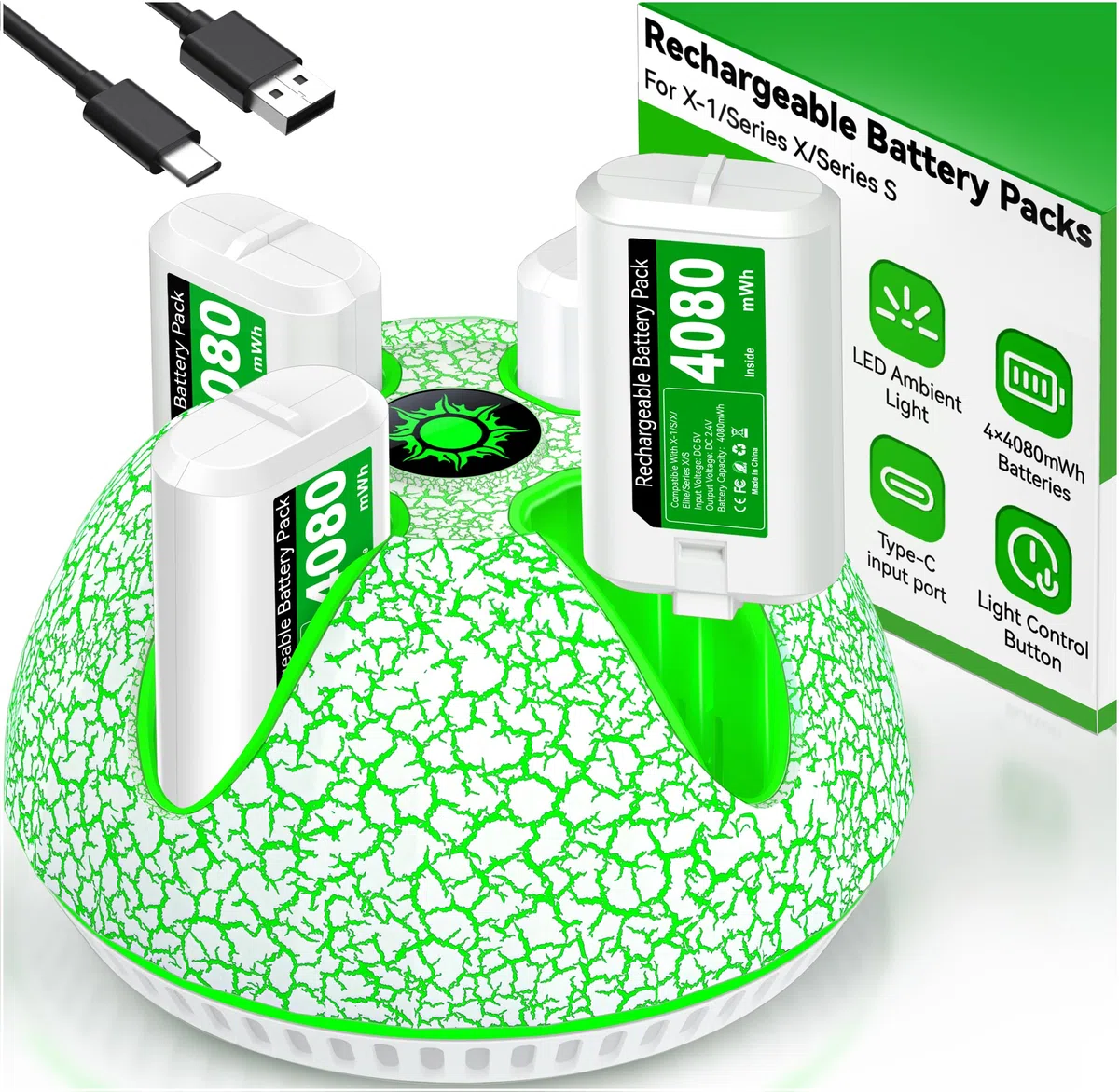 4 X 4080mWh Bateria para Mando Xbox Series X, Bateria para Mando Xbox con luz ambiental/15 Horas de Tiempo de reproducción, Batería para Mando Xbox Compatible con Xbox Series X/S, Xbox One S/X/Elite
