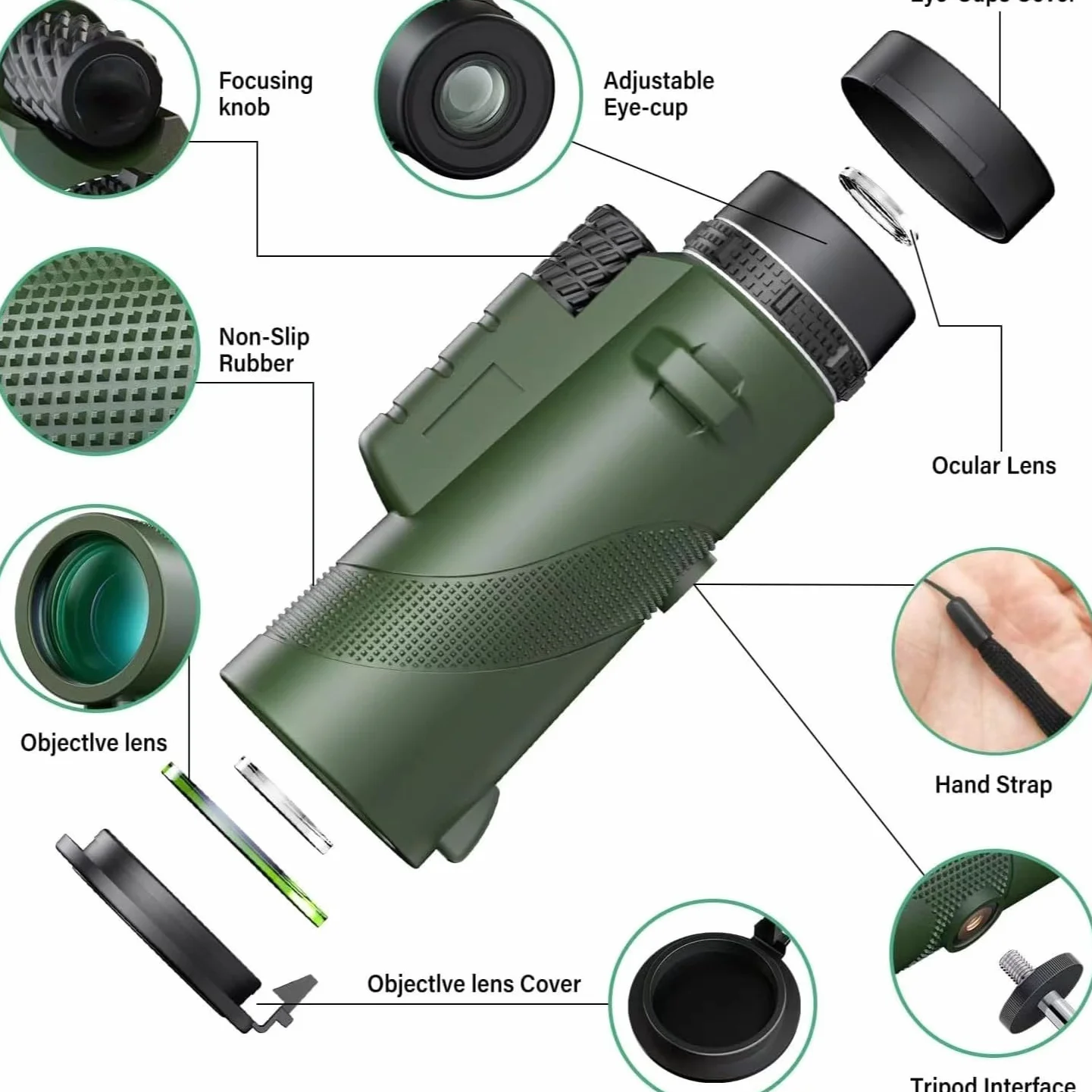 Telescopio Monocular, HD Monocular 12 x 50, Prisma BAK-4 de Alta Potencia y FMC monoculares, monocular, para observación de Aves, Caza, Viajes, conciertos (Verde Militar)