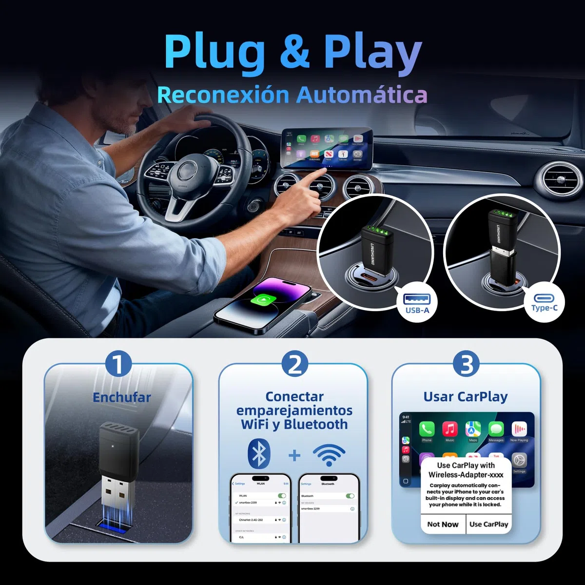 LINGHUANG Adaptador Carplay Inalambrico & Mini Adaptador Android Auto Inalambrico, Convierte de Cableado a Inalámbrico, Plug & Play, Conexión Rápida y Estable, Compatible con iOS 10+ & Android 11+