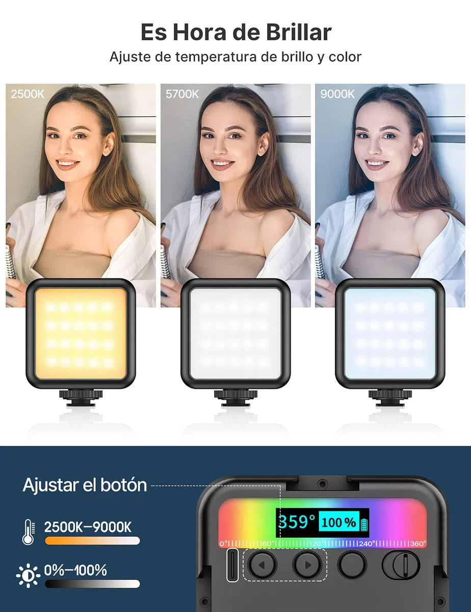 Luz de Relleno Led para Vídeo, Fotografia, ULANZI VL49 RGB, Ajustable 2500-9500K, 2000 mAh Incorporada Batería, Lámpara Iluminación Continua para DSRL Cámara