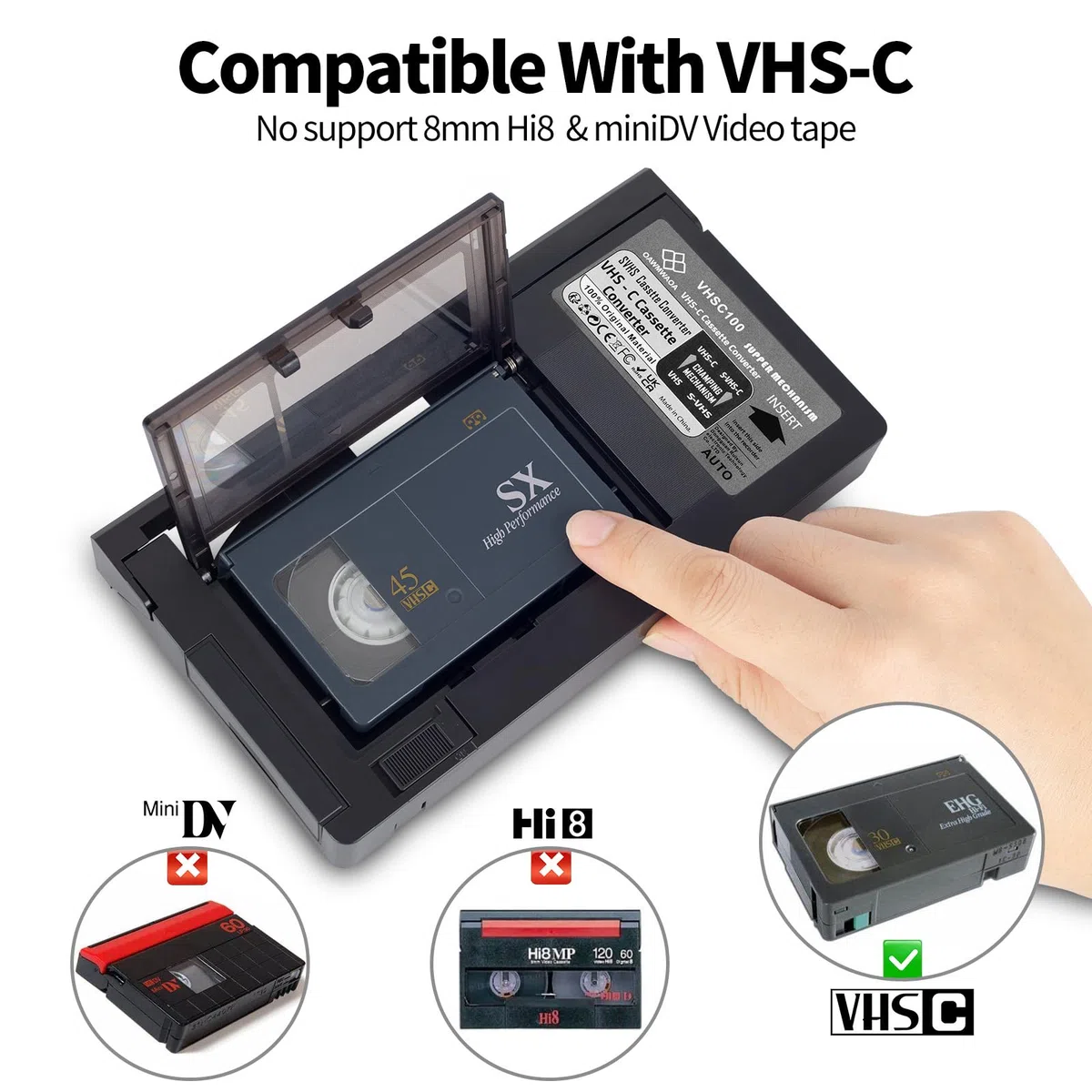 Adaptador de Casete VHS-C Convertidor de VHS Caja convertidora de Video Adaptador Convertidor de Casete VHS Reproductor de Cintas para VHS a VHSC No Compatible Mini DV de 8 mm Hi8