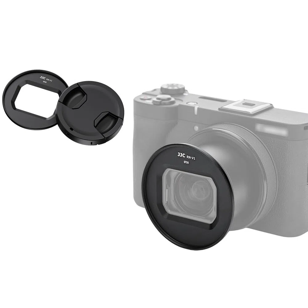 JJC Kit de lentes de 3 piezas compatible con cámara digital Canon PowerShot V1, incluye anillo adaptador de filtro de aleación de aluminio de 58 mm, tapa de lente con cuerda