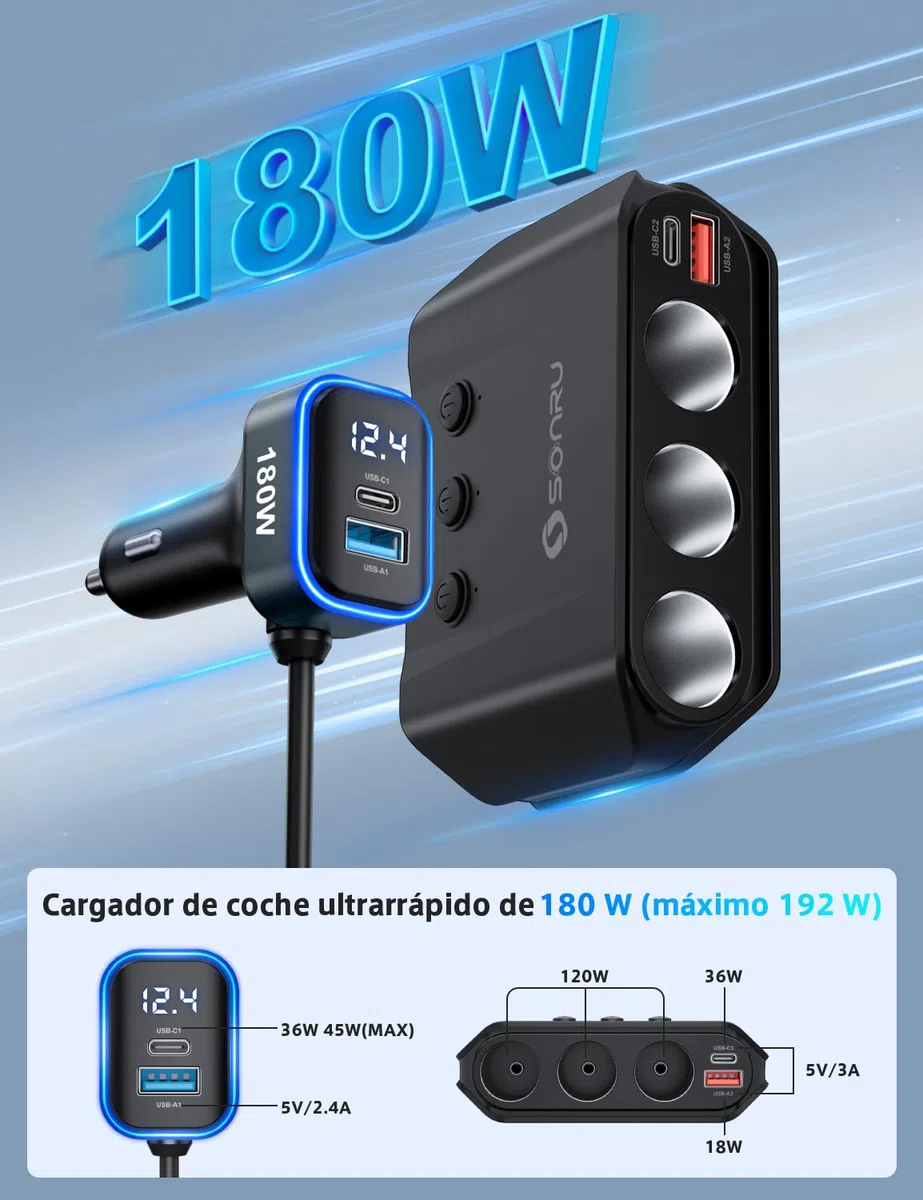 SONRU 7 en 1 Cargador Coche, 180 W [Doble PD & Carga Rápida 3.0] 12V/24V USB Cargador Mechero Coche, Compatible con Vehículos Recreativos, Dispositivos iPhone 17 Pro MAX, 16, 15, Samsung S25, GPS
