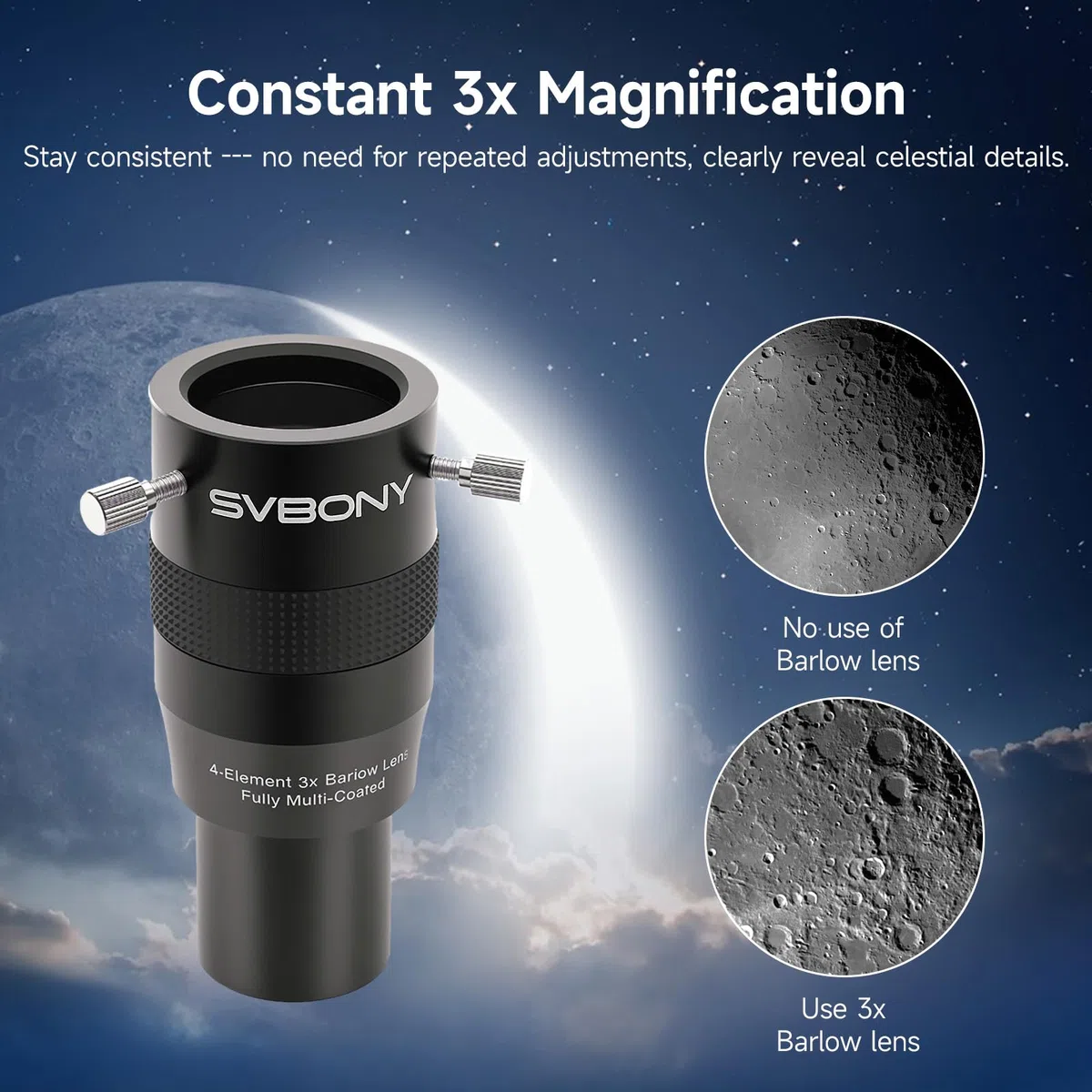 Svbony SV216 Lente Barlow 3X, 1.25" Metal Barlow 4 Elementos Apocromática FMC Lente Telescopio para Observación Planetaria con Ocular de Telescopio
