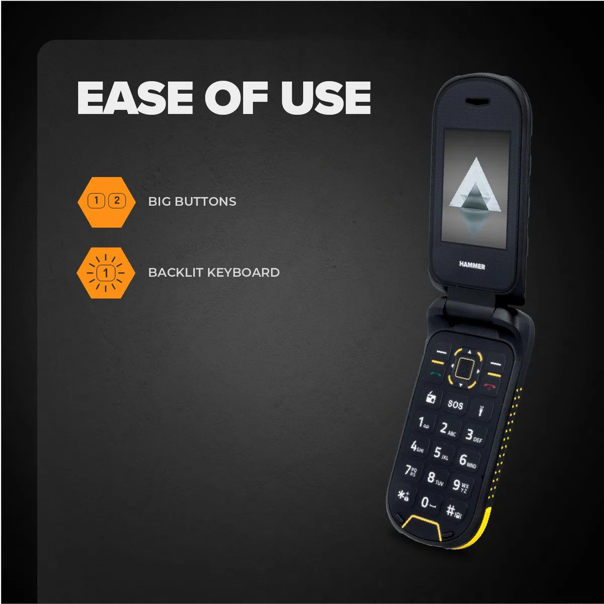 Flip Phone Hammer Dig LTE 4G Robusto Teléfono de Tapa, 2 Pantallas, simlock-Free, Dual SIM, sin Contrato, 1200 mAh, 4G/LTE, Resistente al Agua IP68