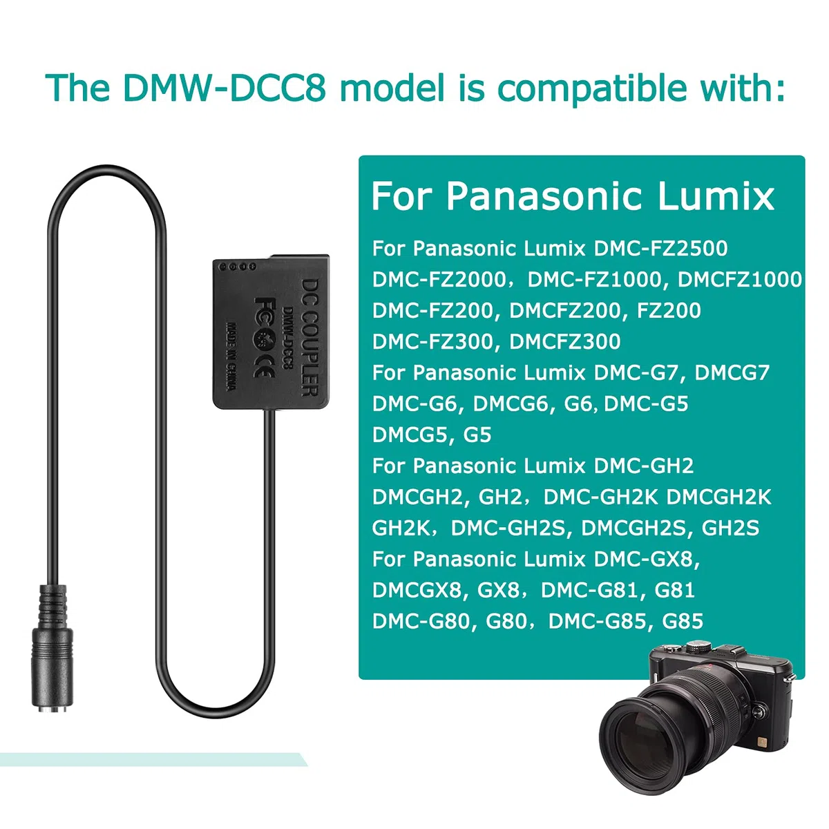 DMW-DCC8 Adaptador USB-C Acoplador de batería simulado Kit de Adaptador PD Reemplazo de batería DMW-BLC12 para Panasonic Lumix DMC-FZ300 FZ1000 GH2 G5 G6 G7 G80 G81 G85 G90 G95