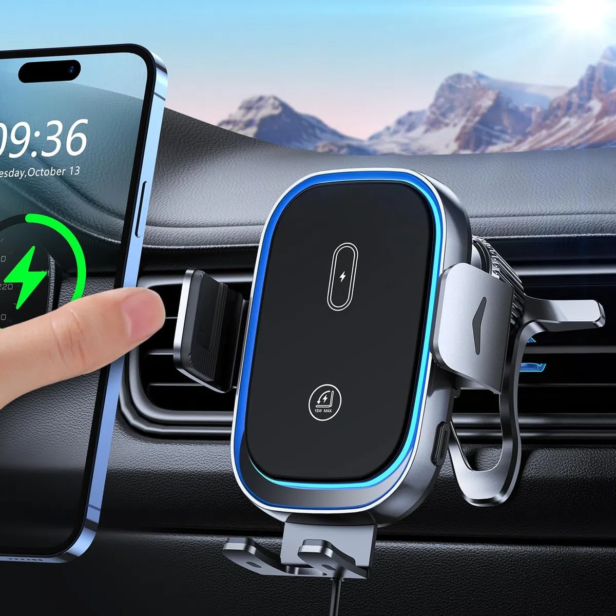 Mohard Cargador Inalámbrico Coche [Sujeción Automática], 15W Inducción Carga Rápida Soporte Movil Coche con Cargador Coche, Compatible con iPhone 17/16/15/14/13/12/11, Galaxy ZFlip5/4/3/S25