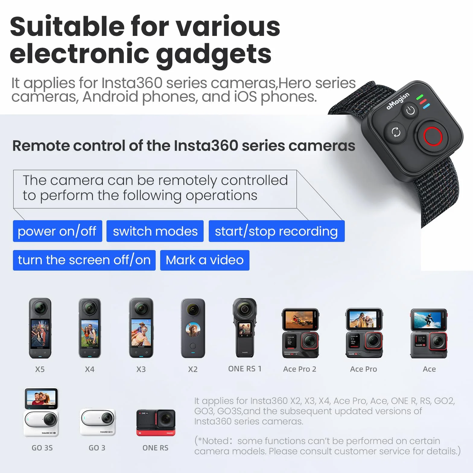Mando a distancia Bluetooth para Insta360 Ace Pro 2 X5 ONE RS GoPro Hero 13 12, mando a distancia inalámbrico con correa de muñeca, alcance de 50 m, accesorios de cámara de acción inteligente