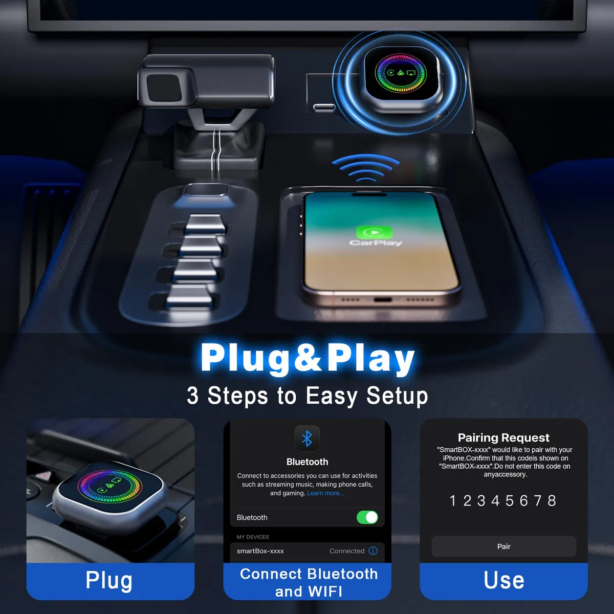Adaptador Inalámbrico CarPlay y Android Auto, 3 en 1convierte con Cable a inalámbrico, Transmisión Inteligente de Pantalla, Plug & Play Compatible con iOS 10 10+/Android 11+ (Coches 2016+)