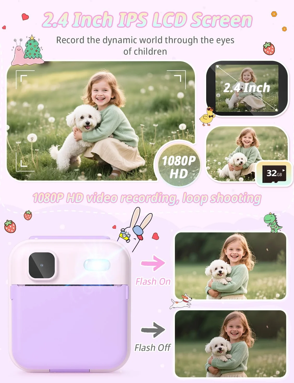 YOHOOLYO Camara Fotos Infantil Instantanea HD 1080P Cámara Instantánea con Tarjeta de 32G y 3 Rollos de Papel de Impresión Camara Fotos Infantil Regalos para Niños de 3 a 14 Años-Púrpura