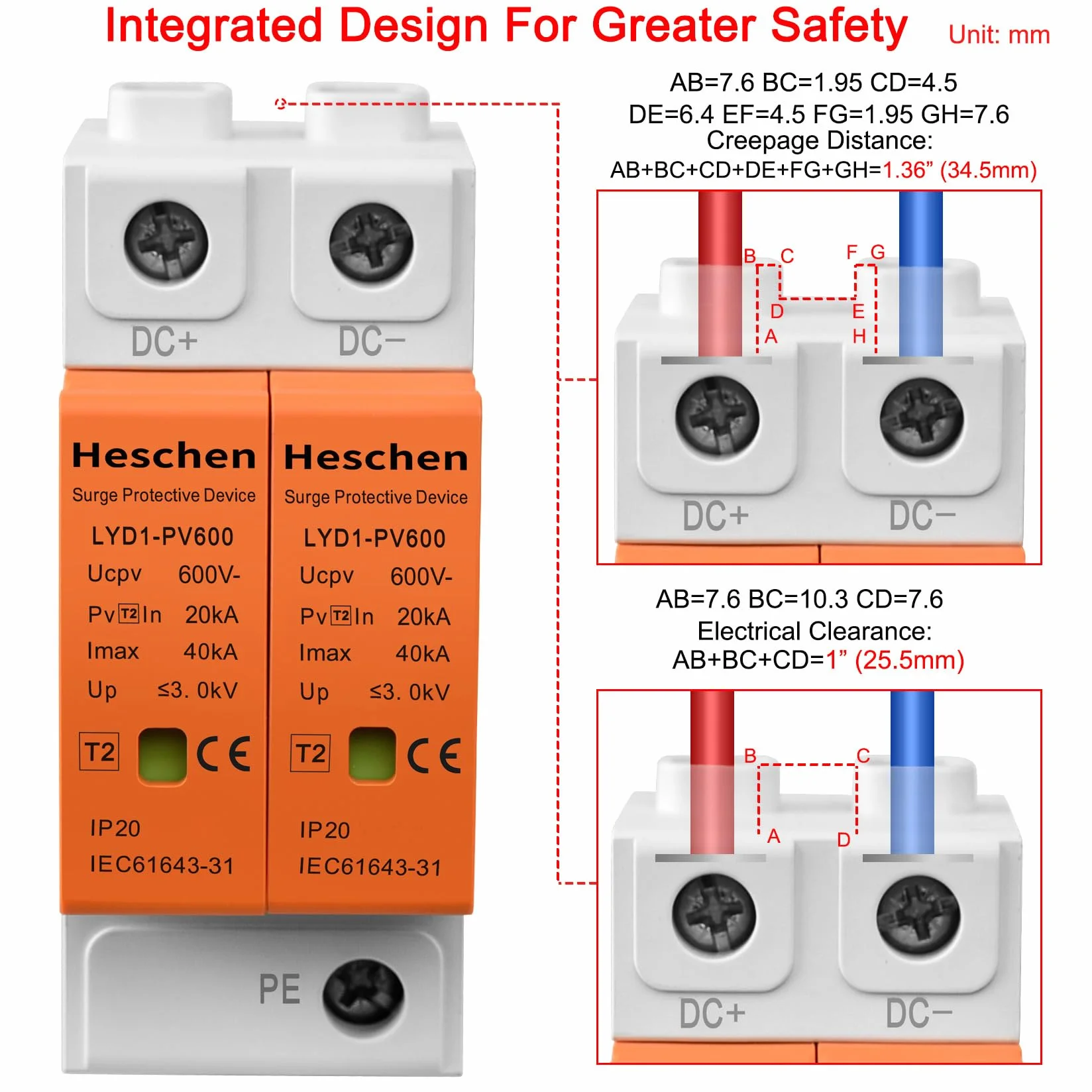 Heschen 1 Piezas Protector de Sobretensiones PV 1000VDC 2P, Descargador de Sobretensiones Fotovoltaico SPD 20kA/40kA Tipo 2, Protección contra Rayos Carril DIN 35mm