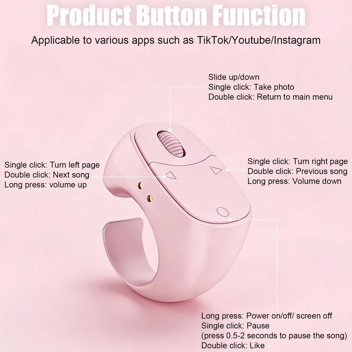 Anillo de Desplazamiento Bluetooth TikTok,Giratorio a Distancia, Controlador Móvil Selfie Lazy para Tabletas Kindle, iOS, Android, Cámara,Grabación de vídeo,con Cargador