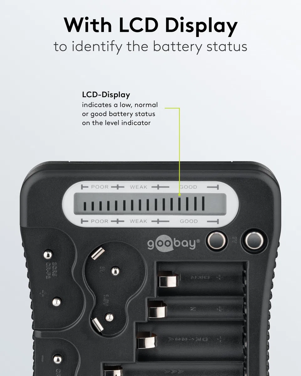 goobay - Comprobador de pilas con pantalla LCD, baterías recargables y pilas de botón, Probador de pilas LCD, tester de pilas y baterías recargables/AA, AAA, 9V, C, D, CR2032, 72511