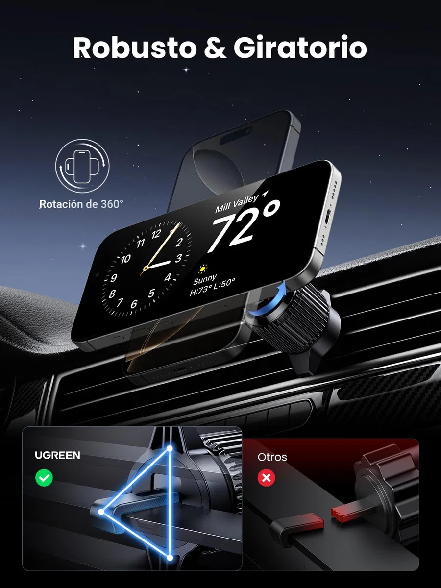UGREEN MagFlow Cargador Inalámbrico iPhone Coche Certificación Qi2 Real 15W Carga Rápida Soporte Móvil Coche Magnético Compatible con MagSafe iPhone 17 16 15 14 13 12 Pro MAX Air Plus
