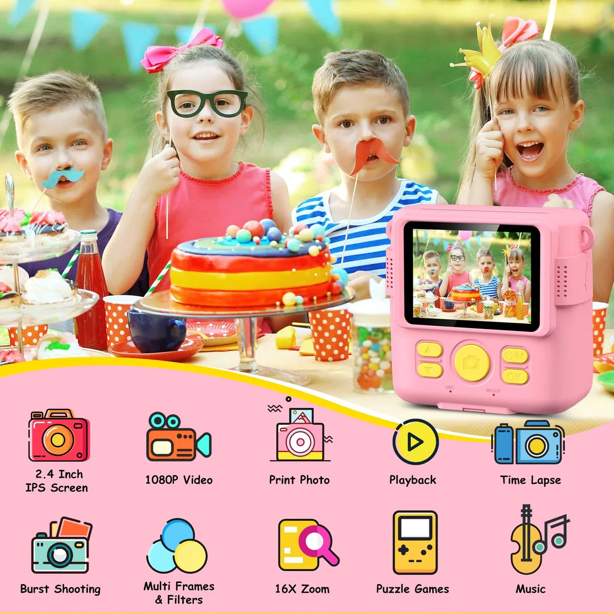 Camara Fotos Infantil Instantanea,GREENKINDER Camara Fotos Infantil,2.4" HD 1080P Cámara Instantánea para Niños con Tarjeta de 32GB,Bolígrafos de Colores y Papel de Impresión