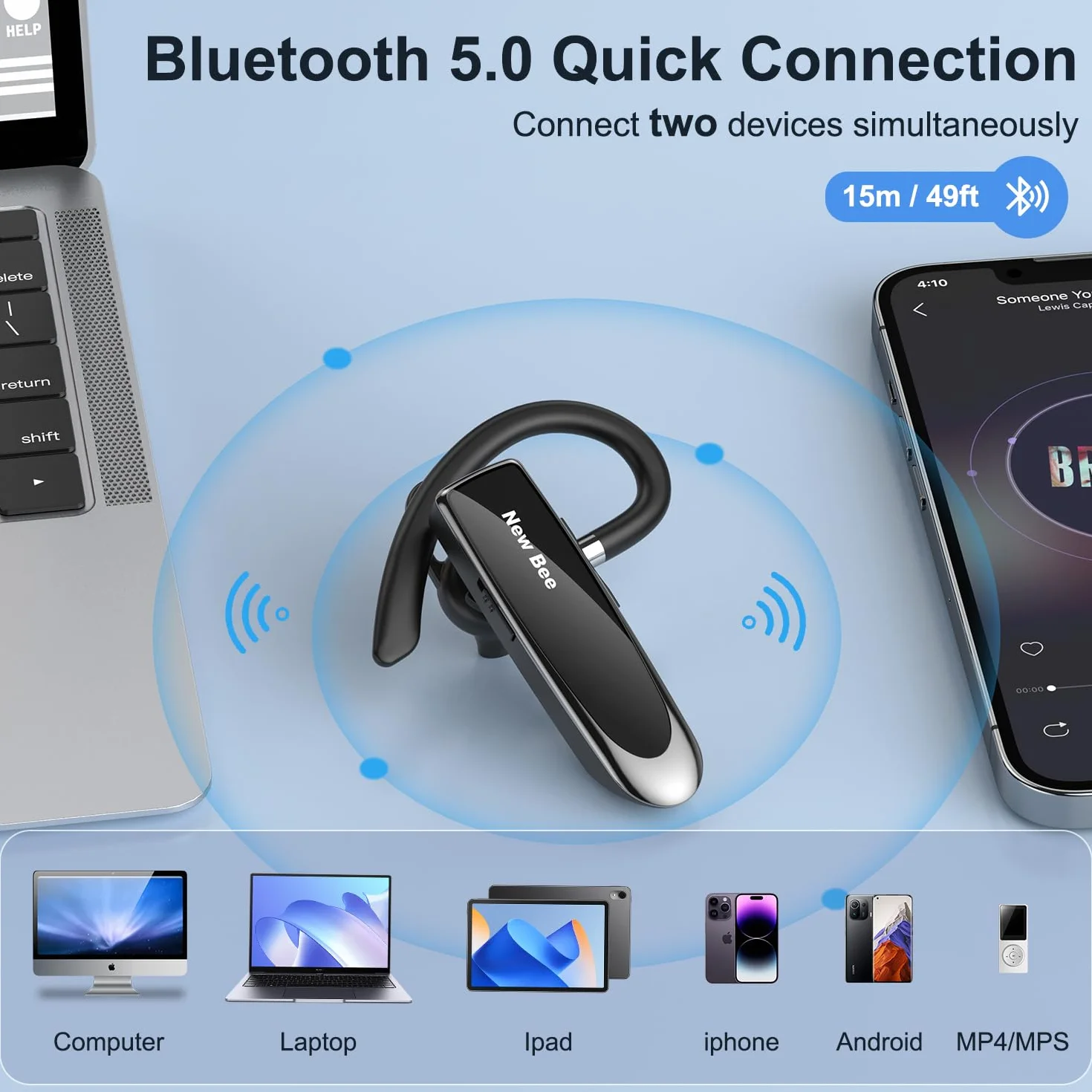 New Bee Auriculares Manos Libres, Auricular Bluetooth Inalámbrico Negocio con Micrófono Auricular para iPhone, Samsung, Huawei, Xiaomi, HTC, LG, Sony, PC 60 Días en Espera (Negro)