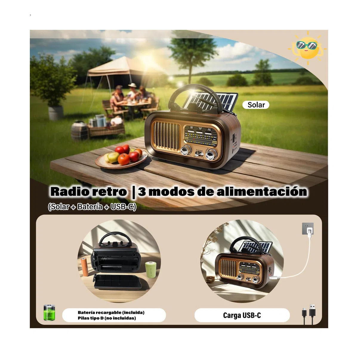 Radio Portatil Pequeña, Am/FM/SW Transistores Radio con Panel Solar, Radio Bluetooth Retro Alimentada por Baterías Recargables de 1200mAh o Pilas D, Radio FM Soporta USB/Tarjeta TF/TWS