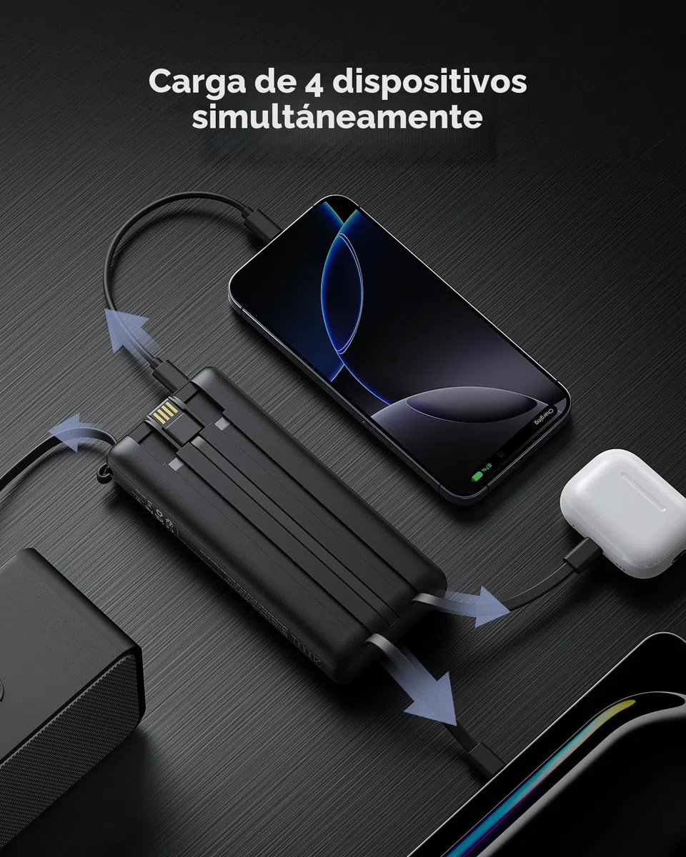 VRURC Power Bank, 22,5W Bateria Externa Carga Rapida 20000mah con 4 Cables Integrado, USB C In/out Powerbank, Cargador Portatil Fast Chagring Compatible con iPhone 17/16 Pro MAX/iPad/Xiaomi (1 Pack)