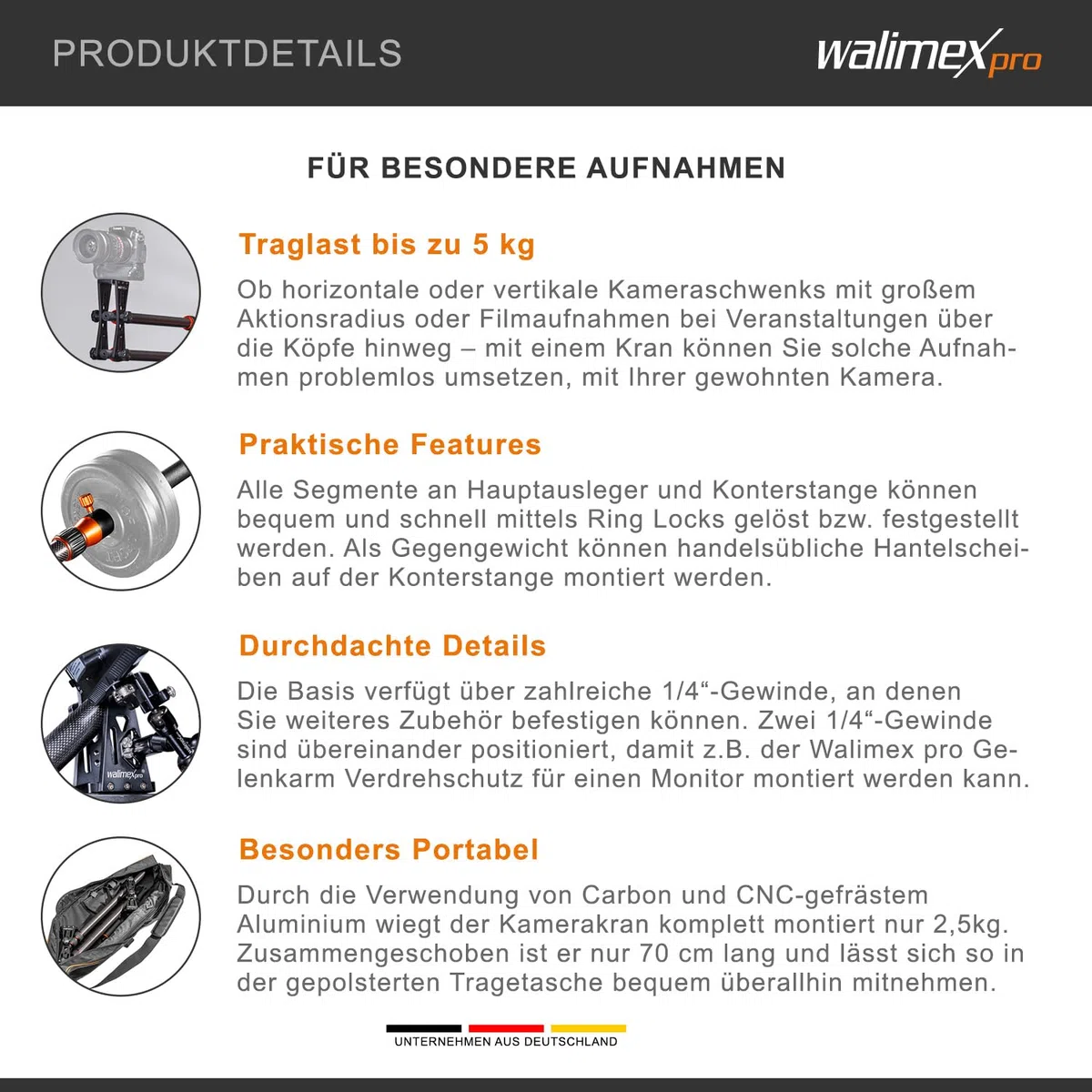 Walimex Pro Carbon Cámara Jib Traveller 7.2 Negro