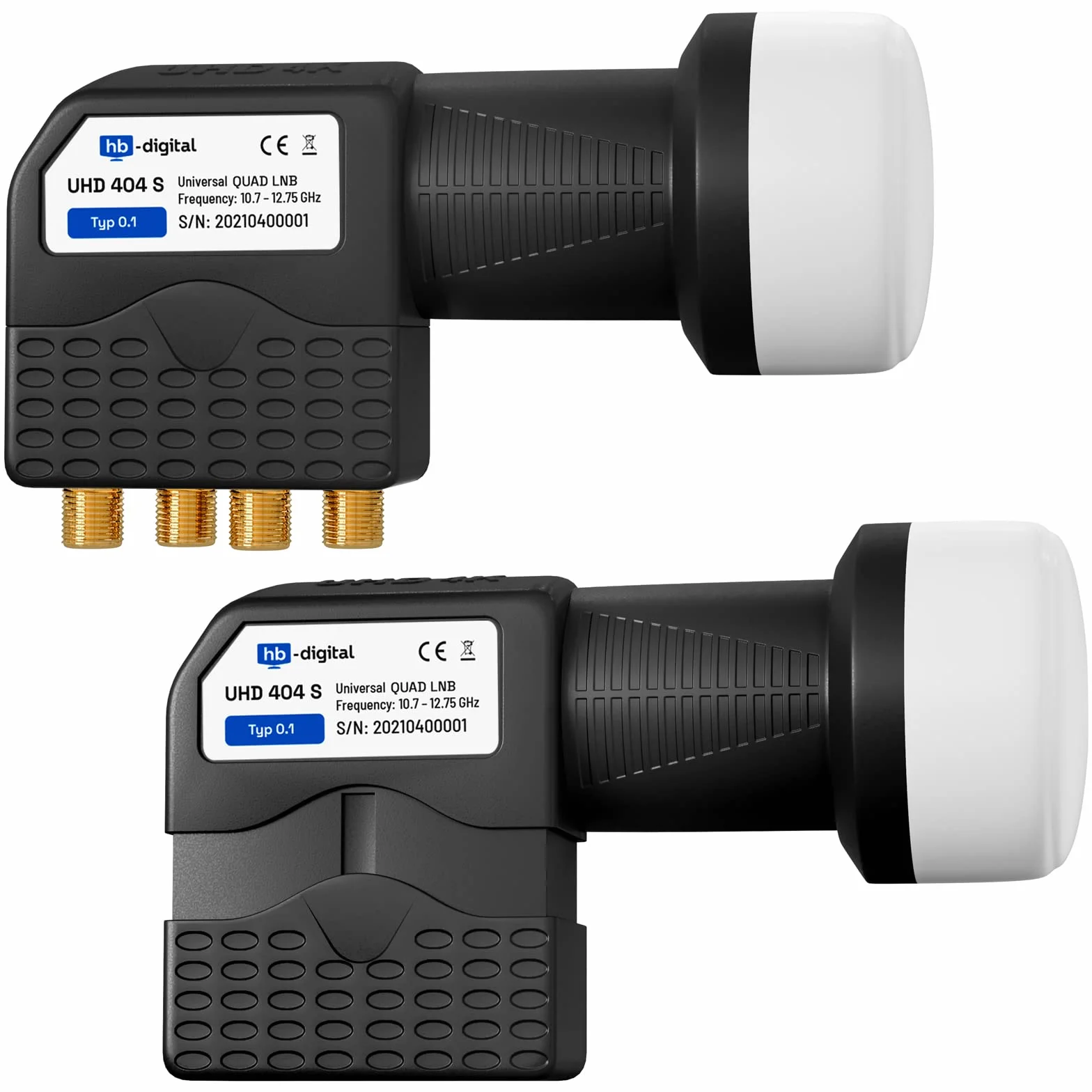 HB-DIGITAL Quad LNB Cabezal de satélite cuádruple DVB-S DVB-S2 Full HD TV TV 3D 4K UHD HD Plus Sat 4 participantes con protección climática + 8X F-Plugs Dorados