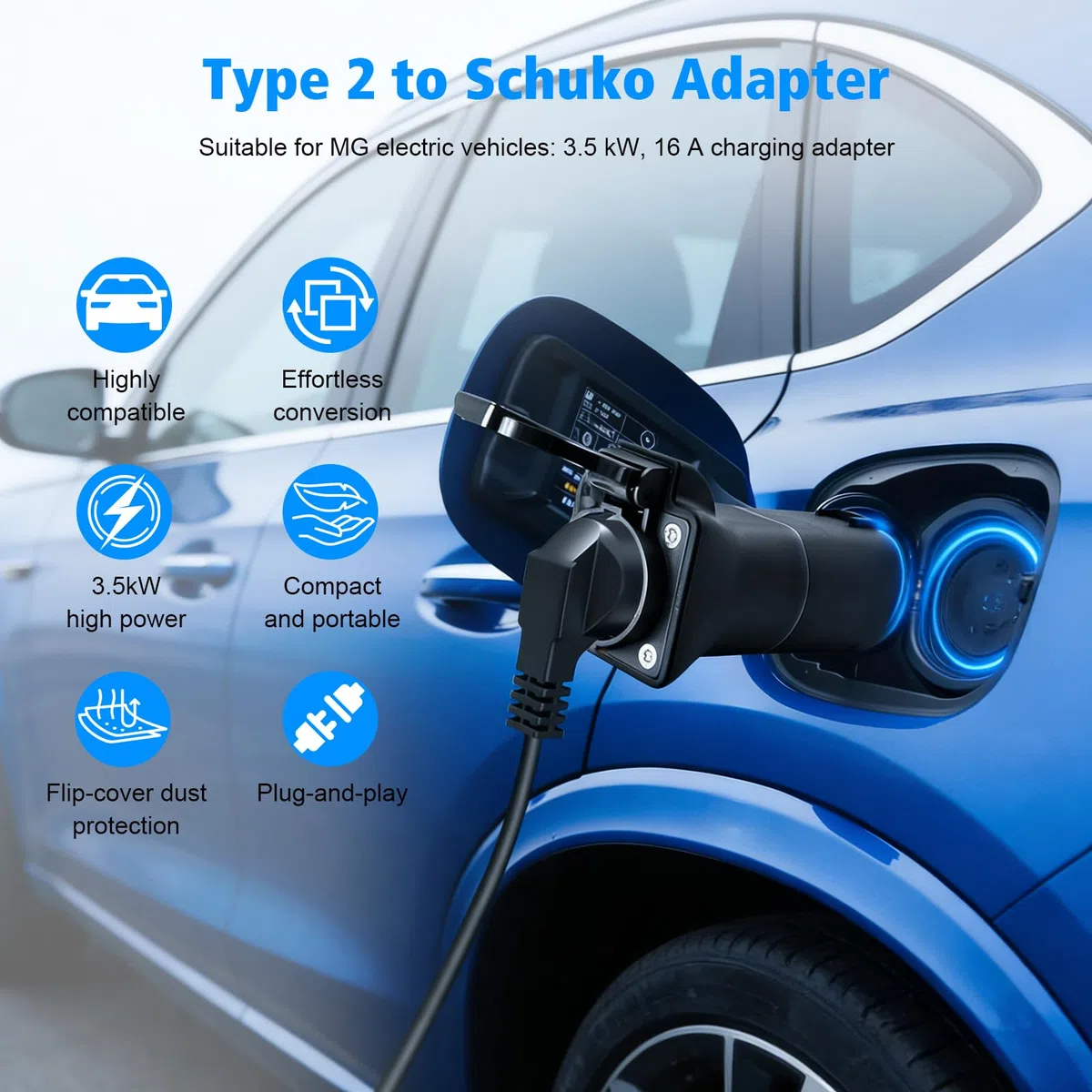 Adaptador Tipo2 a Schuko, 16A 220V 3.5 kW Compatible con Función V2L para MG4, MG5, MG ZS EV, Adaptador de Enchufe Schuko para Scooters, Sillas de Ruedas y Bicicletas Eléctricas