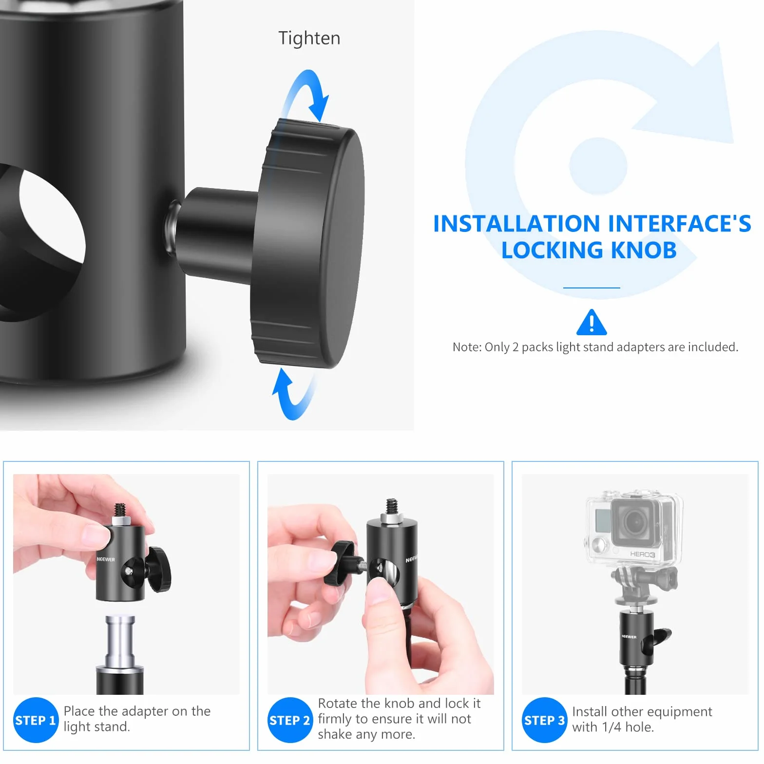 NEEWER Adaptador Conversión Rápida con Tornillo 1/4" (Paquete de 2), Adaptadores Multifuncional Puntas Soportes Luz para Montaje Monitores Estudio, Montura Cámara Trípodes Luz Fotografía Video— ST12